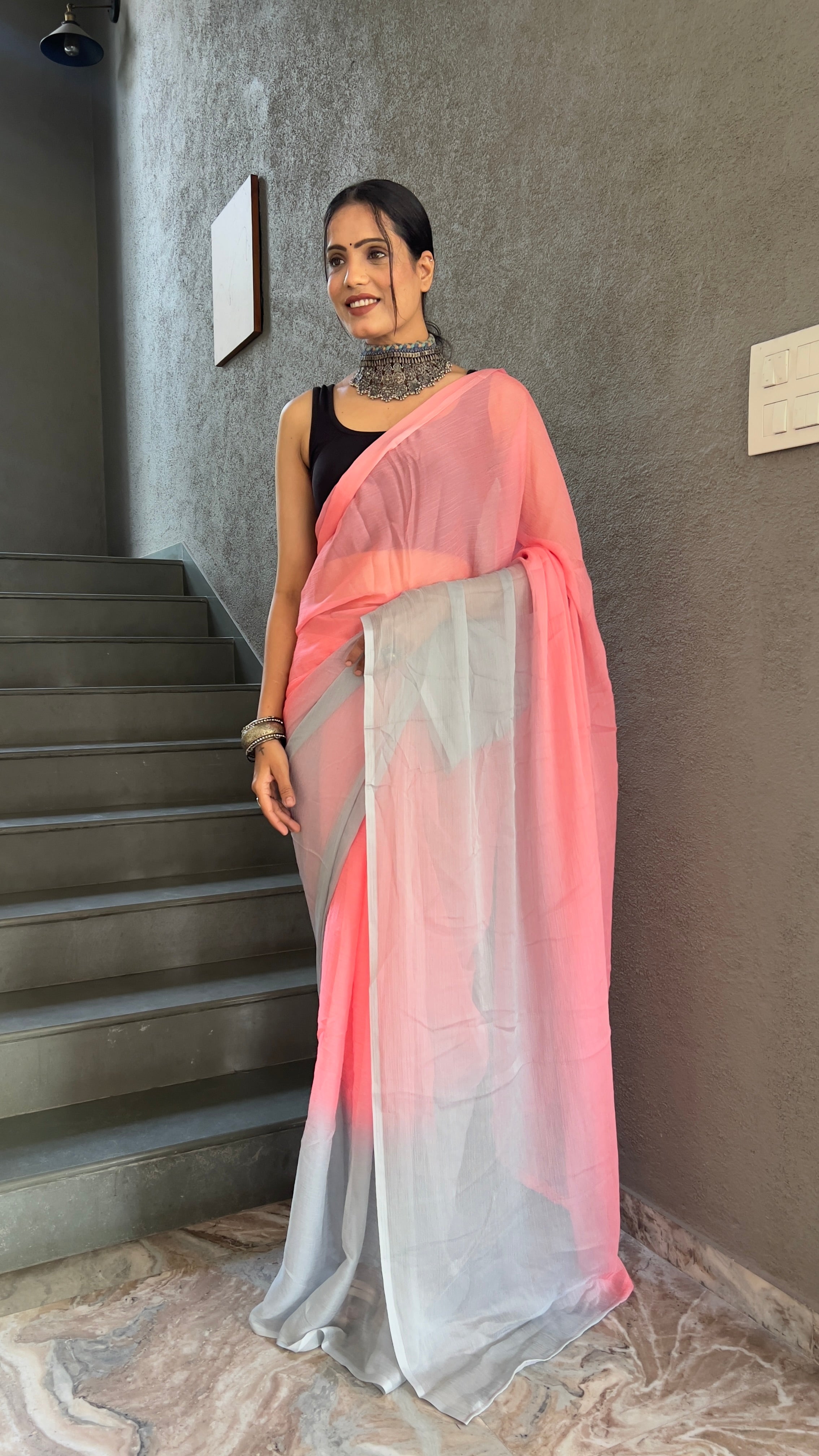 Heena One Minute Ready To Wear Pastel Pink Saree With Unstiched Blouse