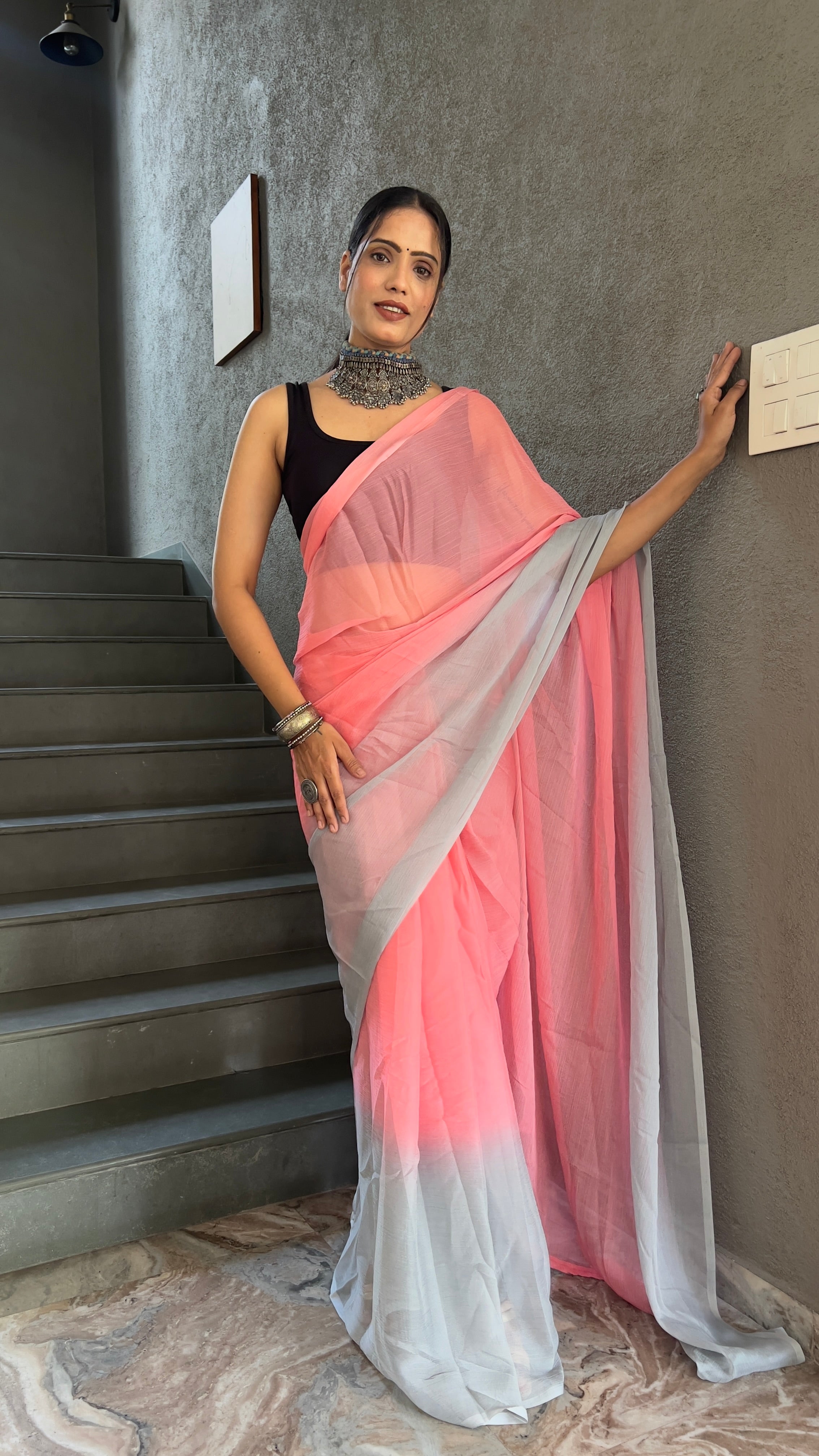 Heena One Minute Ready To Wear Pastel Pink Saree With Unstiched Blouse