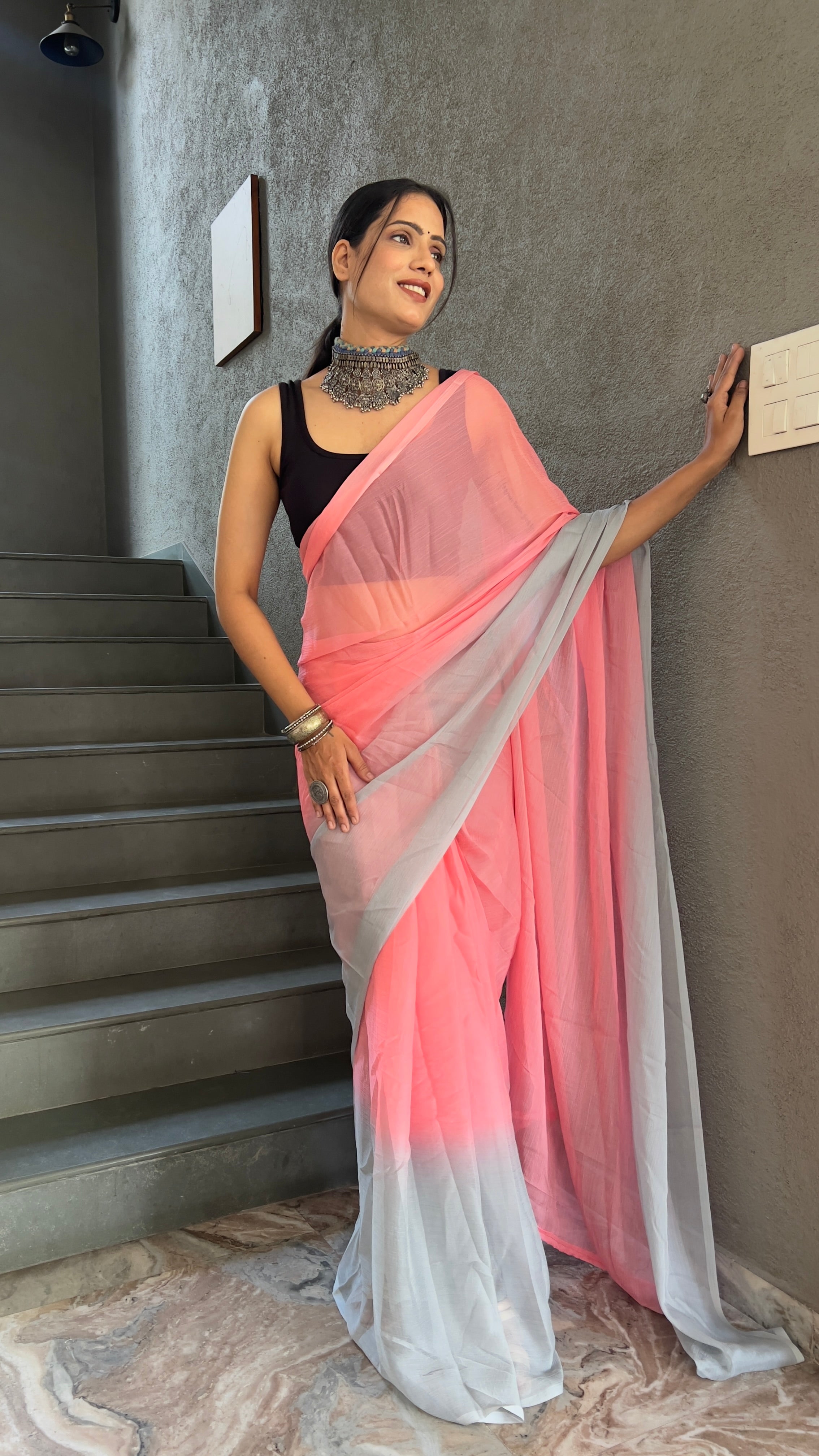 Heena One Minute Ready To Wear Pastel Pink Saree With Unstiched Blouse