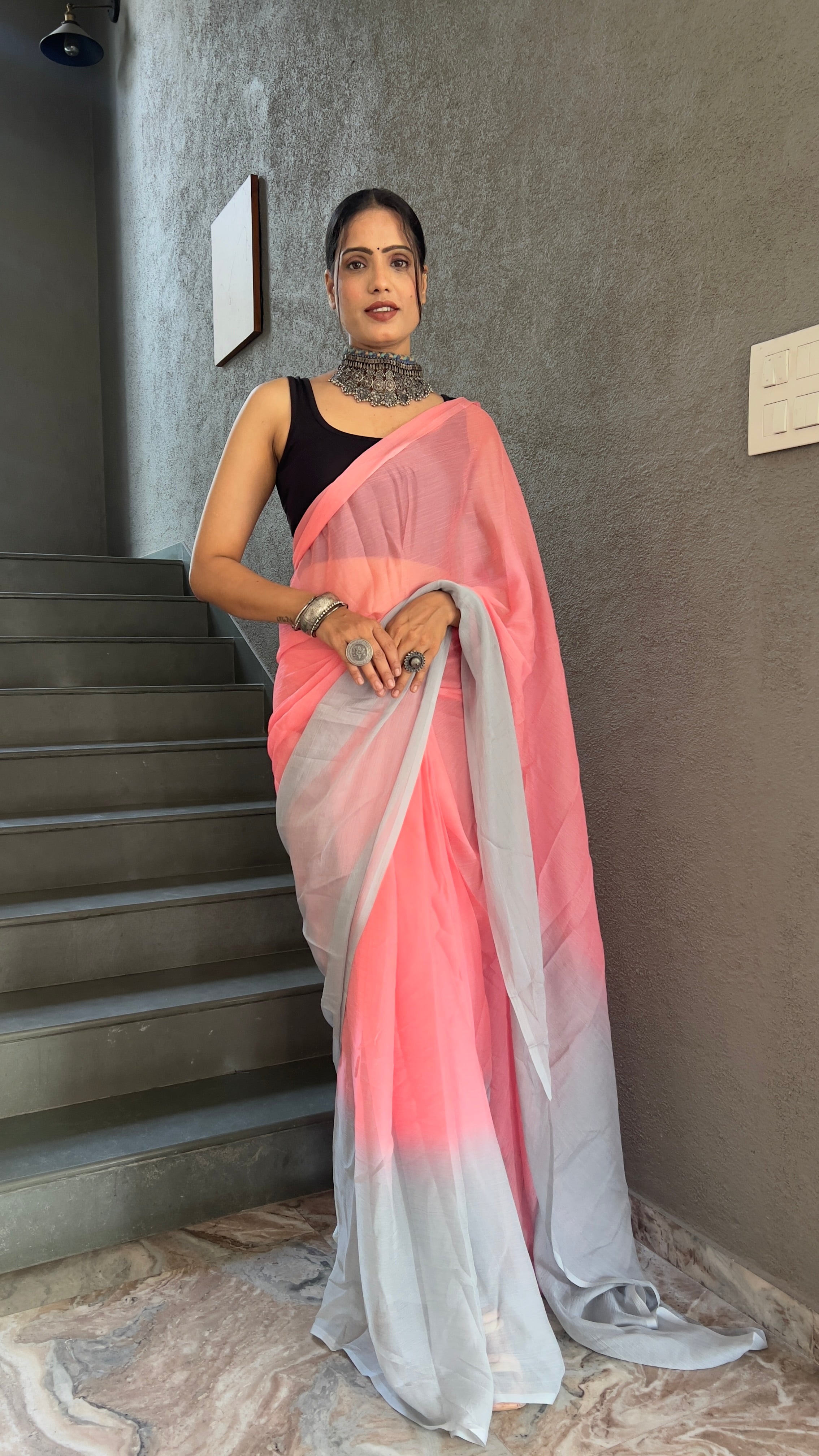 Heena One Minute Ready To Wear Pastel Pink Saree With Unstiched Blouse