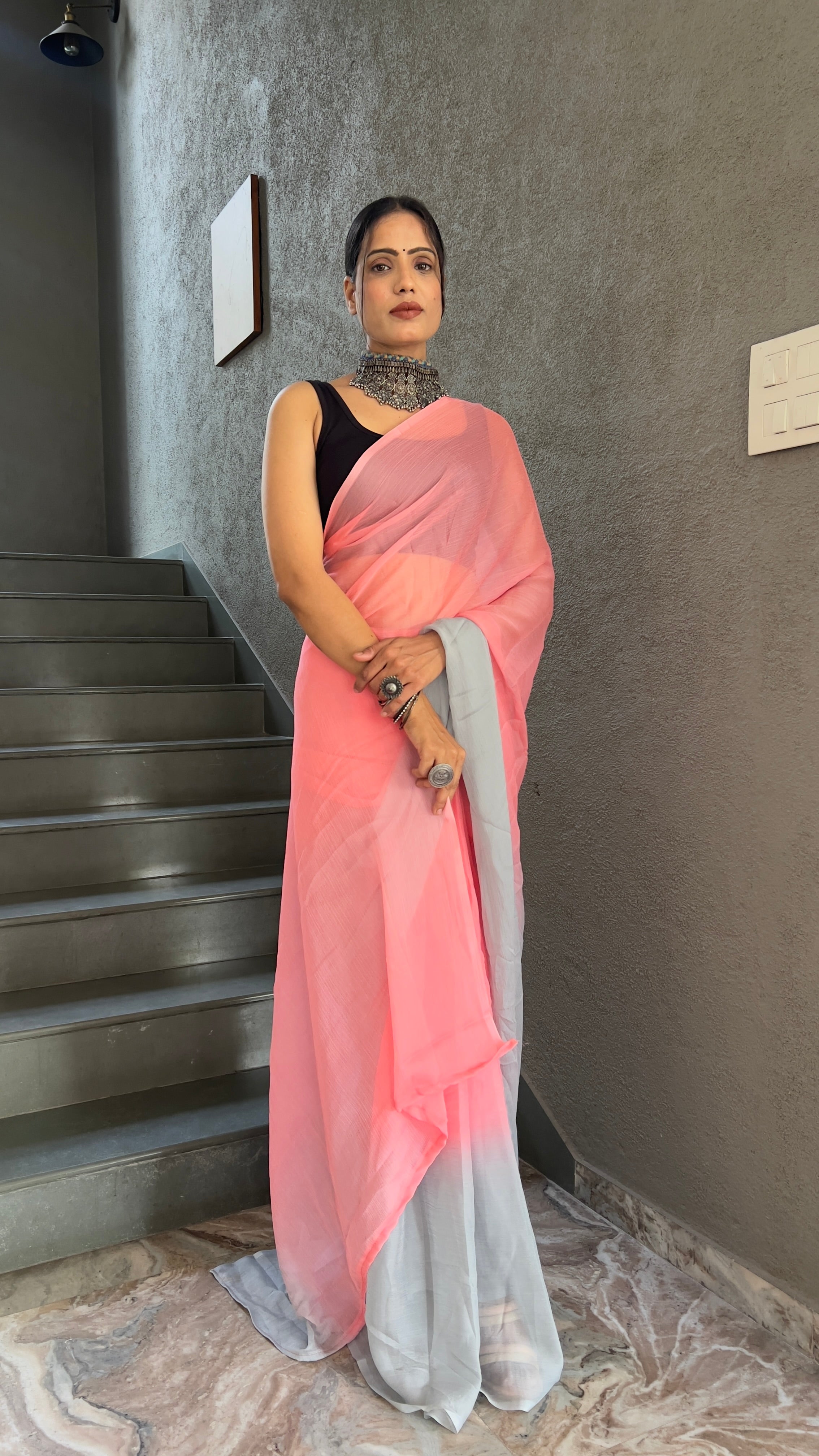 Heena One Minute Ready To Wear Pastel Pink Saree With Unstiched Blouse