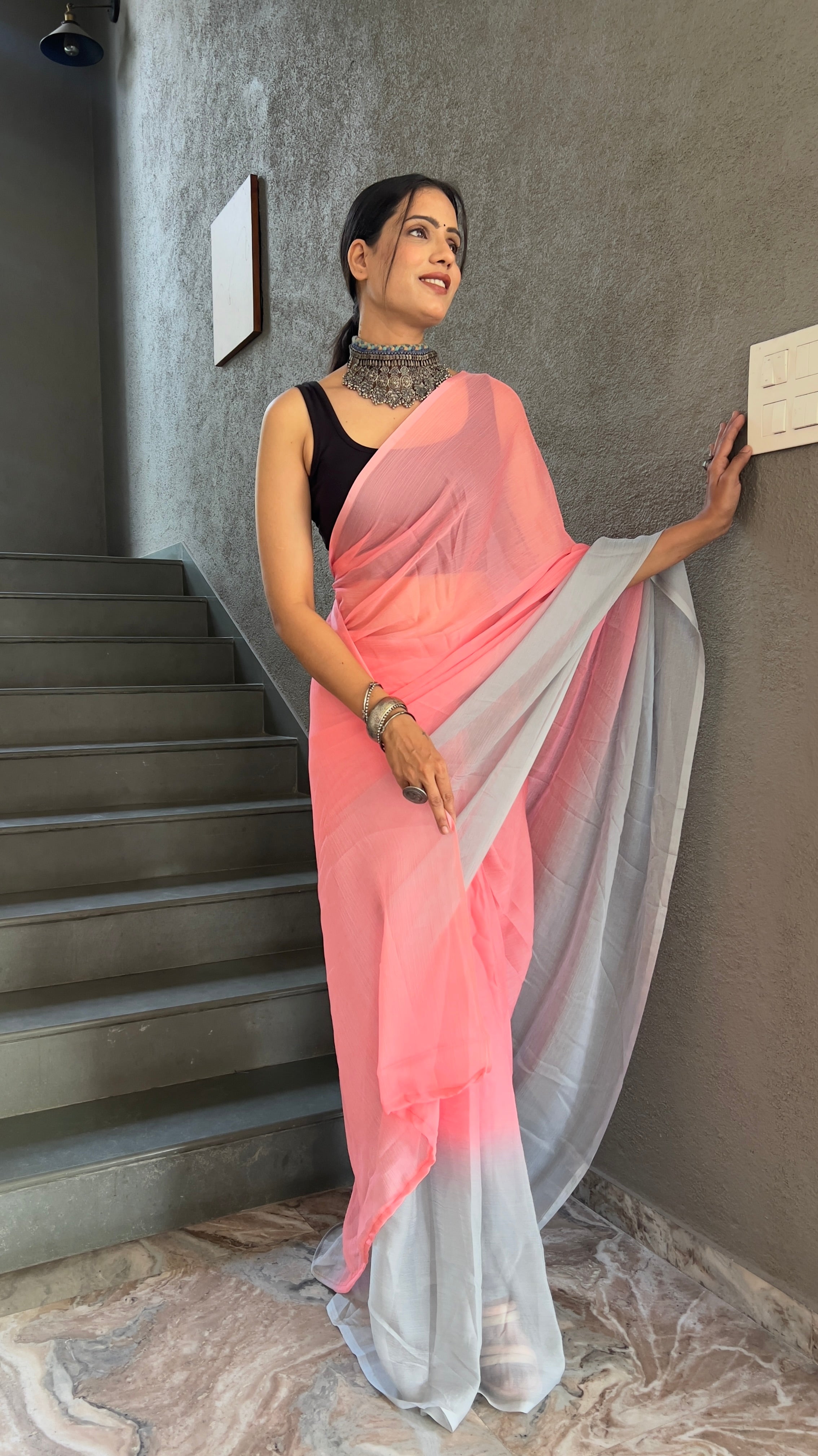 Heena One Minute Ready To Wear Pastel Pink Saree With Unstiched Blouse