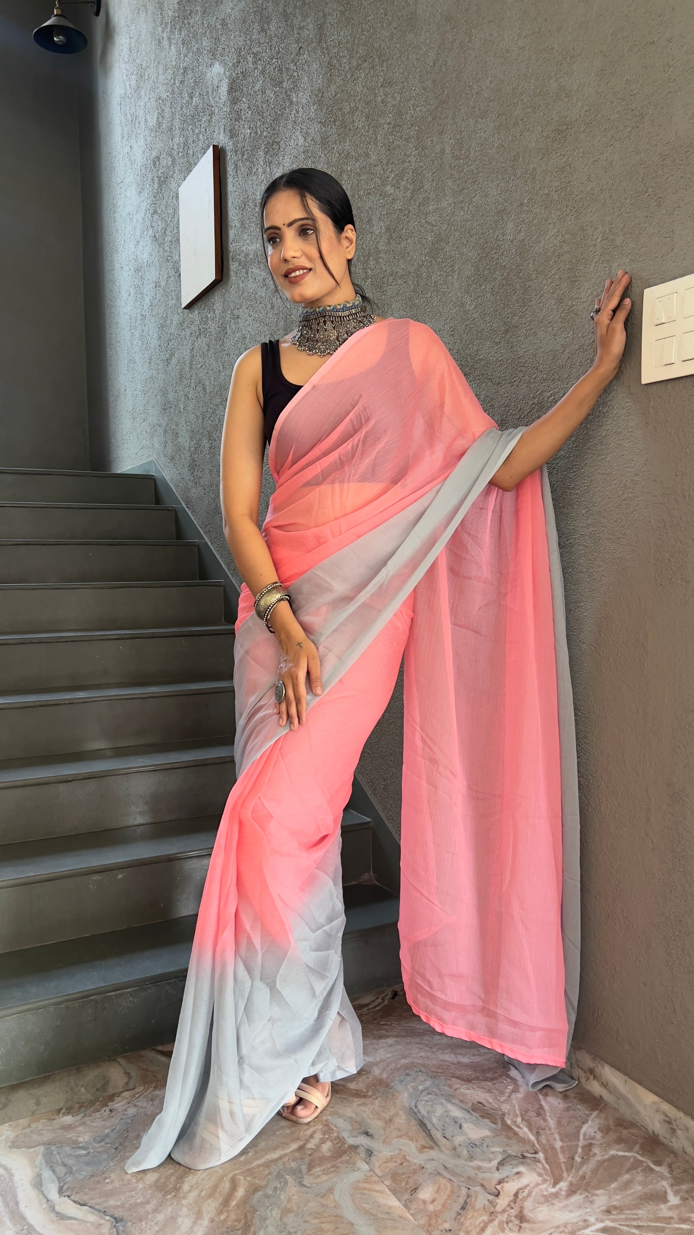 Heena One Minute Ready To Wear Pastel Pink Saree With Unstiched Blouse