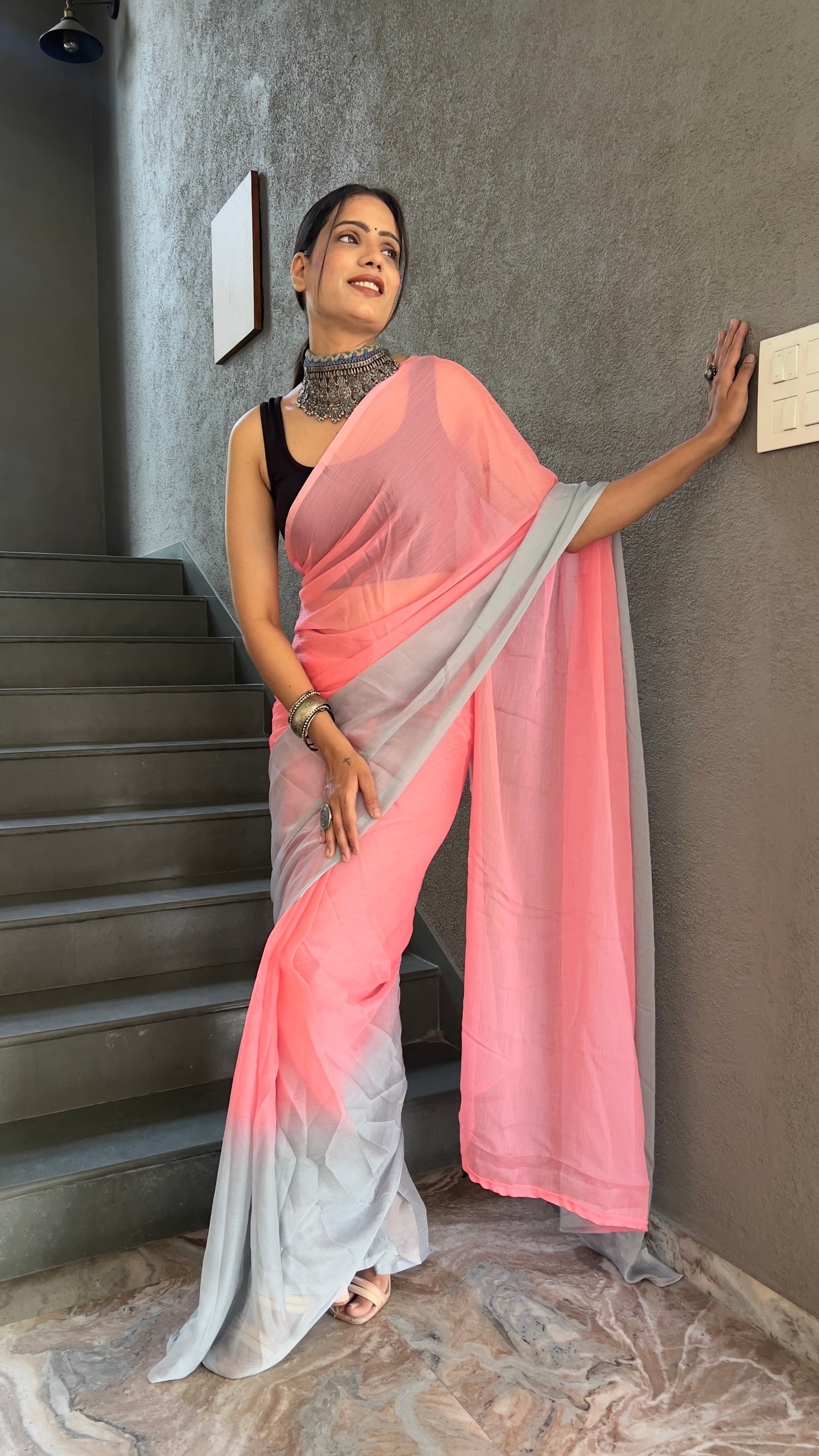Heena One Minute Ready To Wear Pastel Pink Saree With Unstiched Blouse
