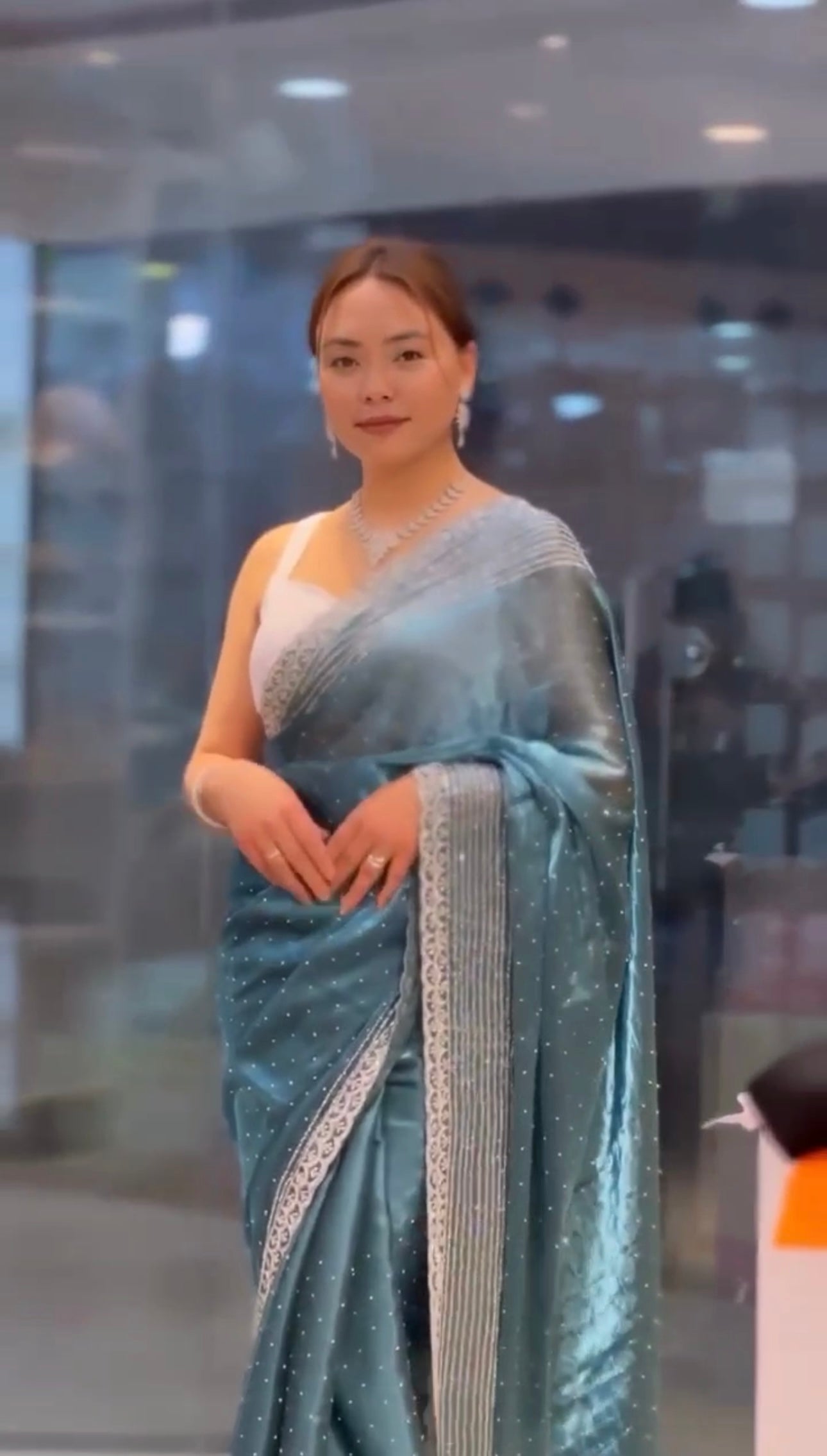 New exclusive designer Beautiful Sequins and zari embroidery work with Seroski diamonds Saree with Unstitch Blouse