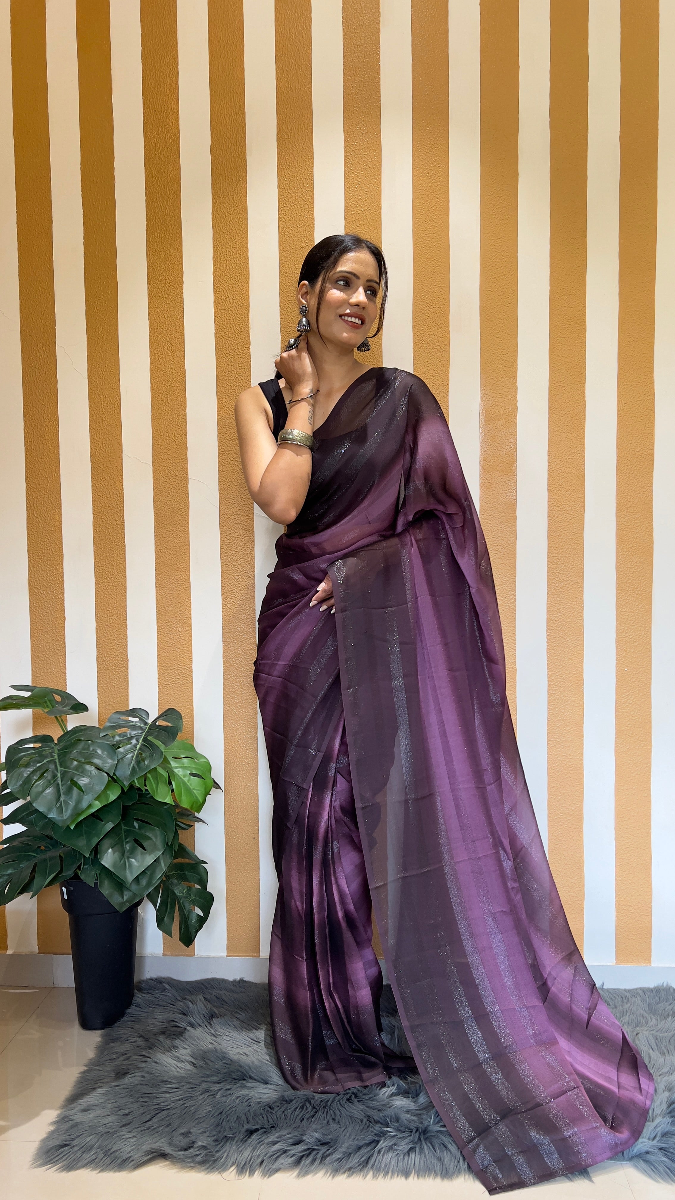 One Minute Ready To Wear New Premium Quality Purple Perfection Beauty Nylone Rimzim saree