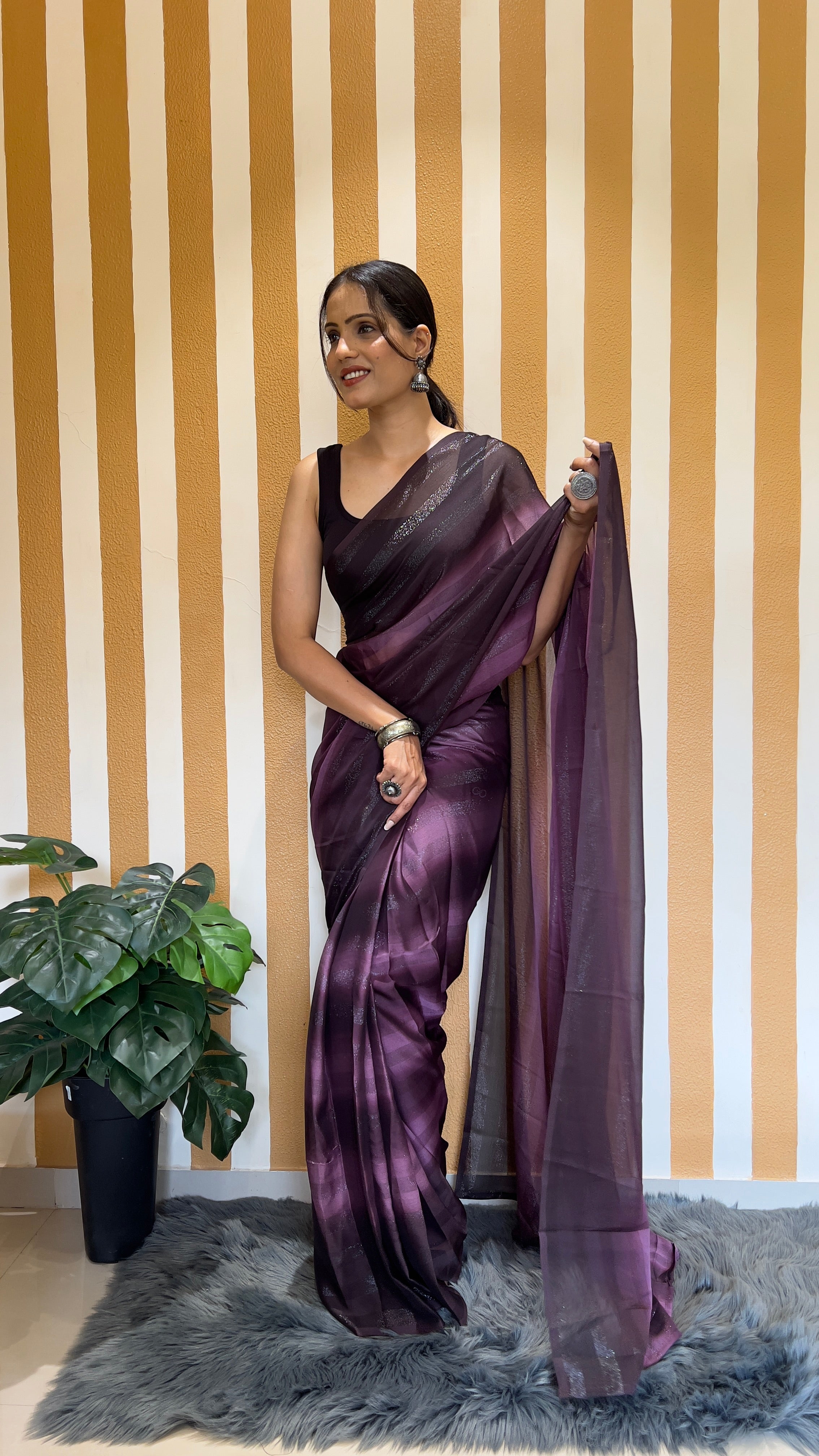 One Minute Ready To Wear New Premium Quality Purple Perfection Beauty Nylone Rimzim saree