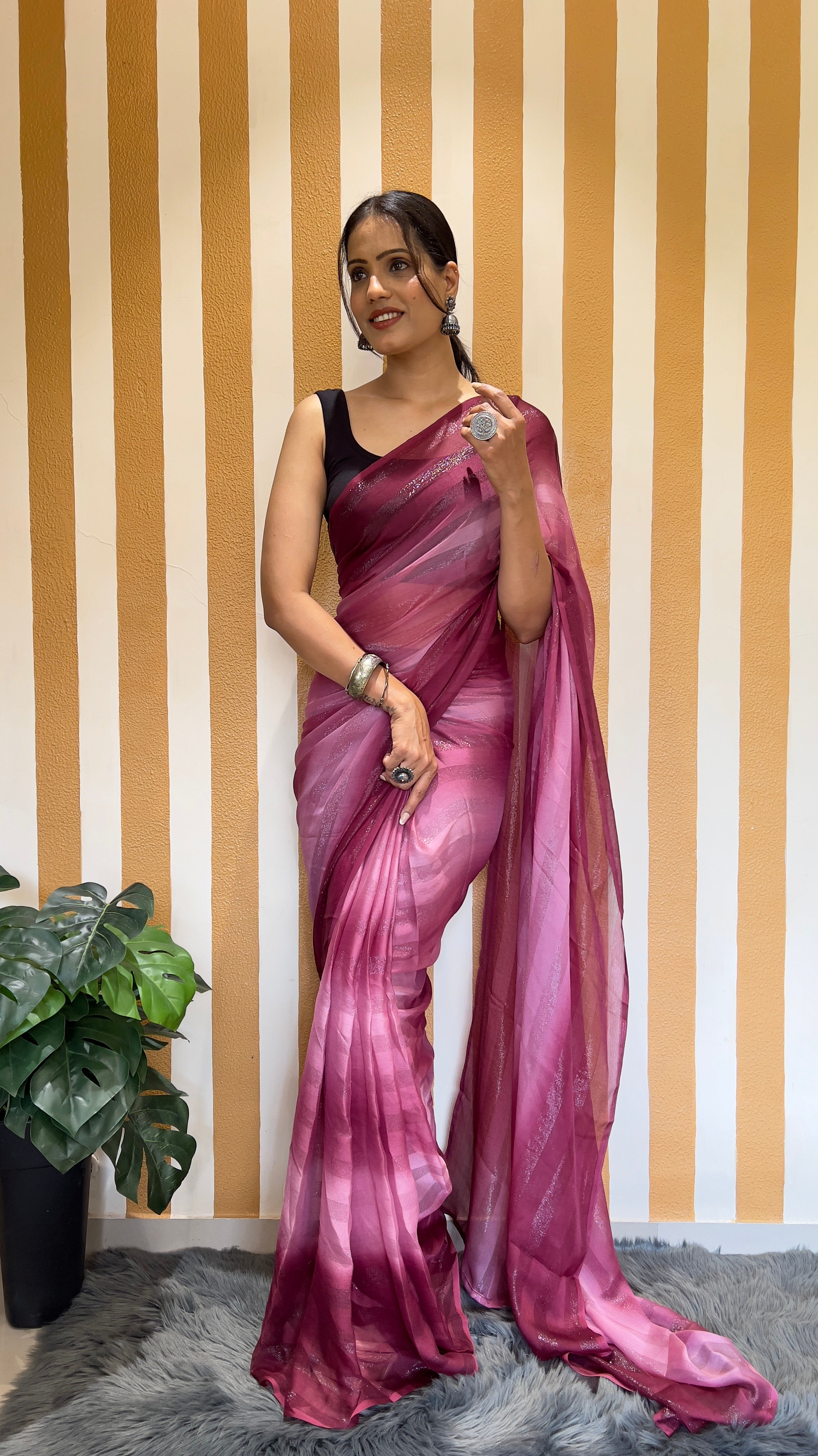 One Minute Ready To Wear New Premium Quality Berry Bliss Nylone Rimzim saree