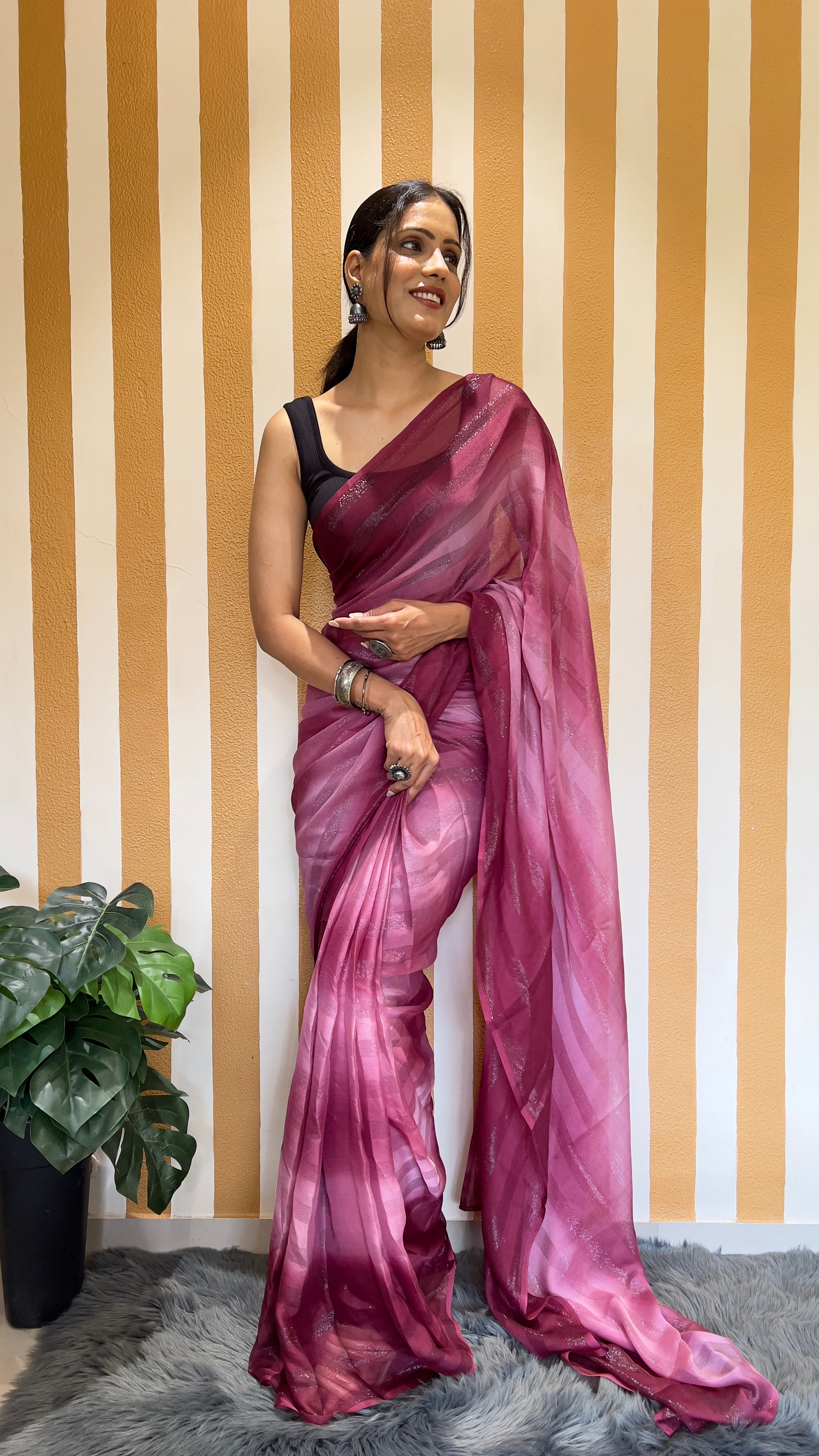 One Minute Ready To Wear New Premium Quality Berry Bliss Nylone Rimzim saree