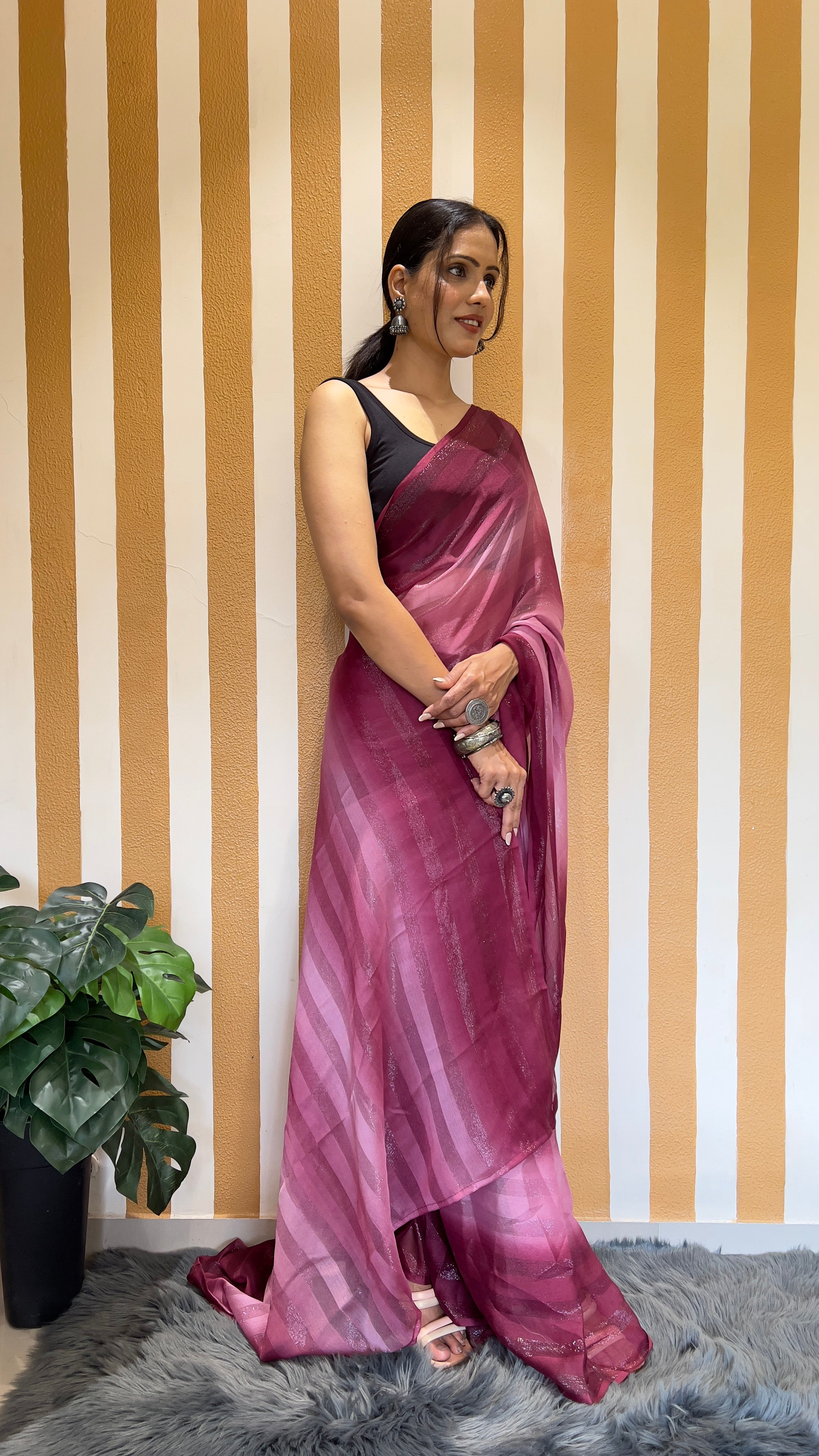 One Minute Ready To Wear New Premium Quality Berry Bliss Nylone Rimzim saree