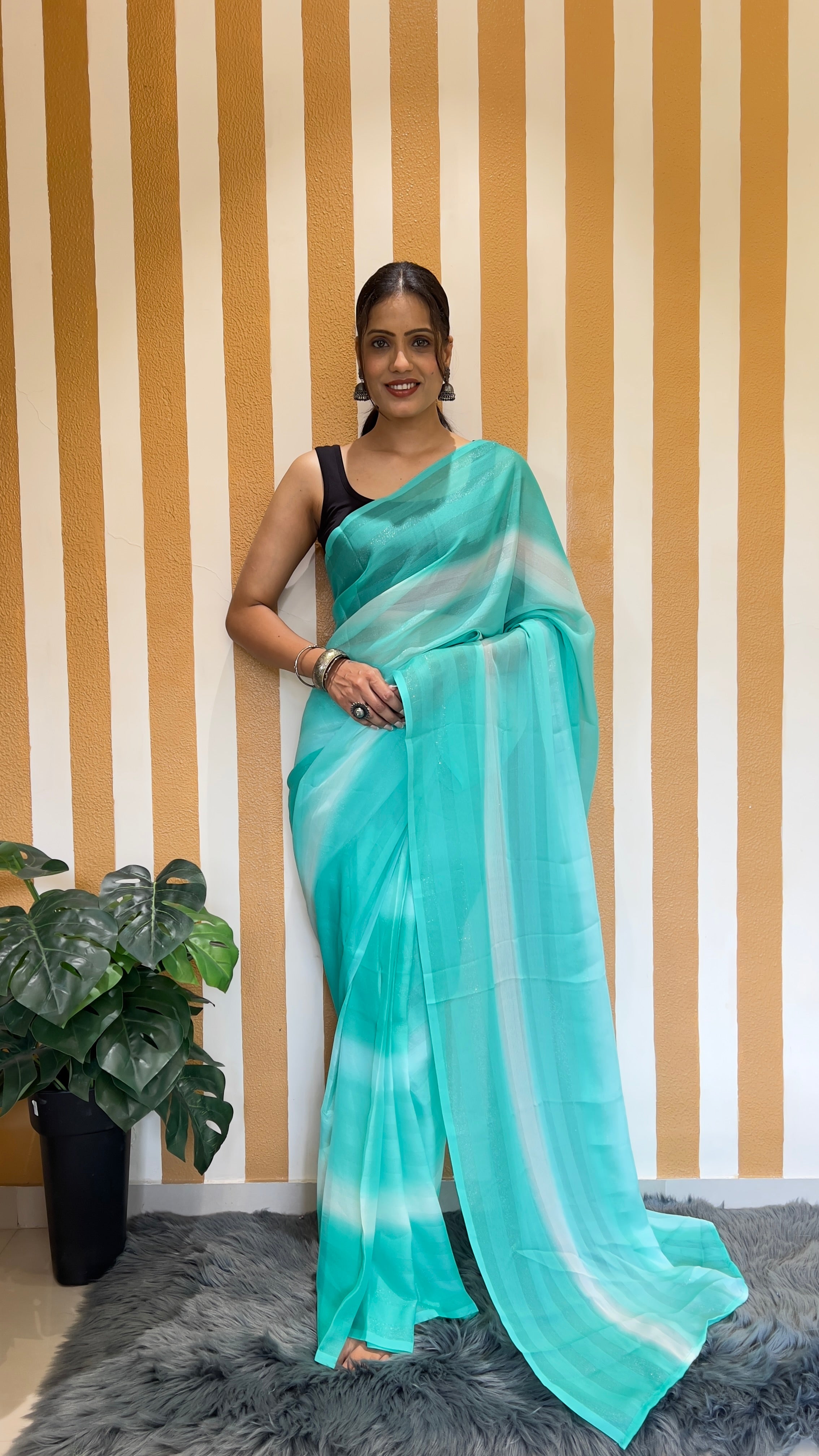 One Minute Ready To Wear New Premium Quality Aqua Stripe Charm Nylone Rimzim saree