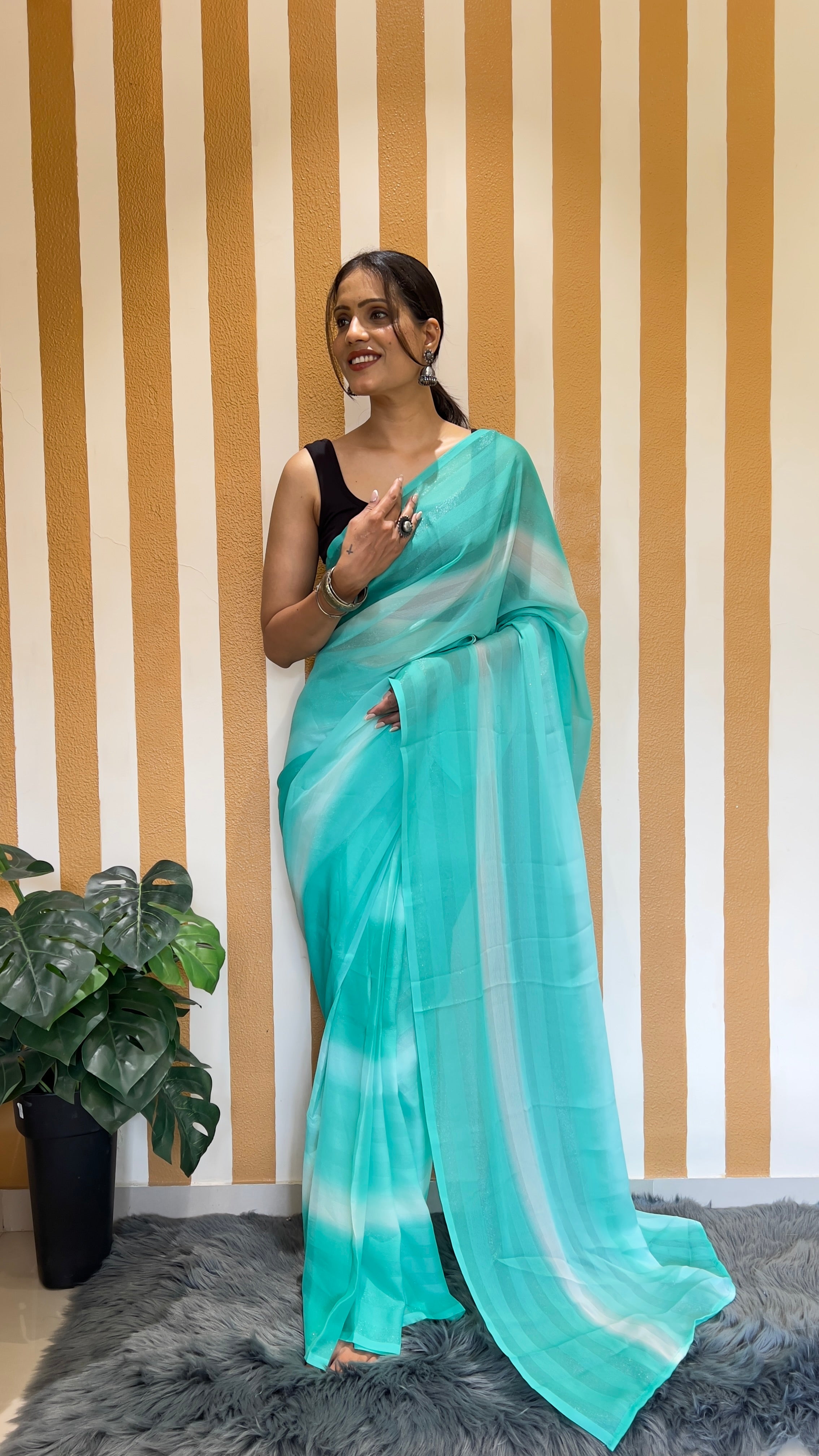 One Minute Ready To Wear New Premium Quality Aqua Stripe Charm Nylone Rimzim saree