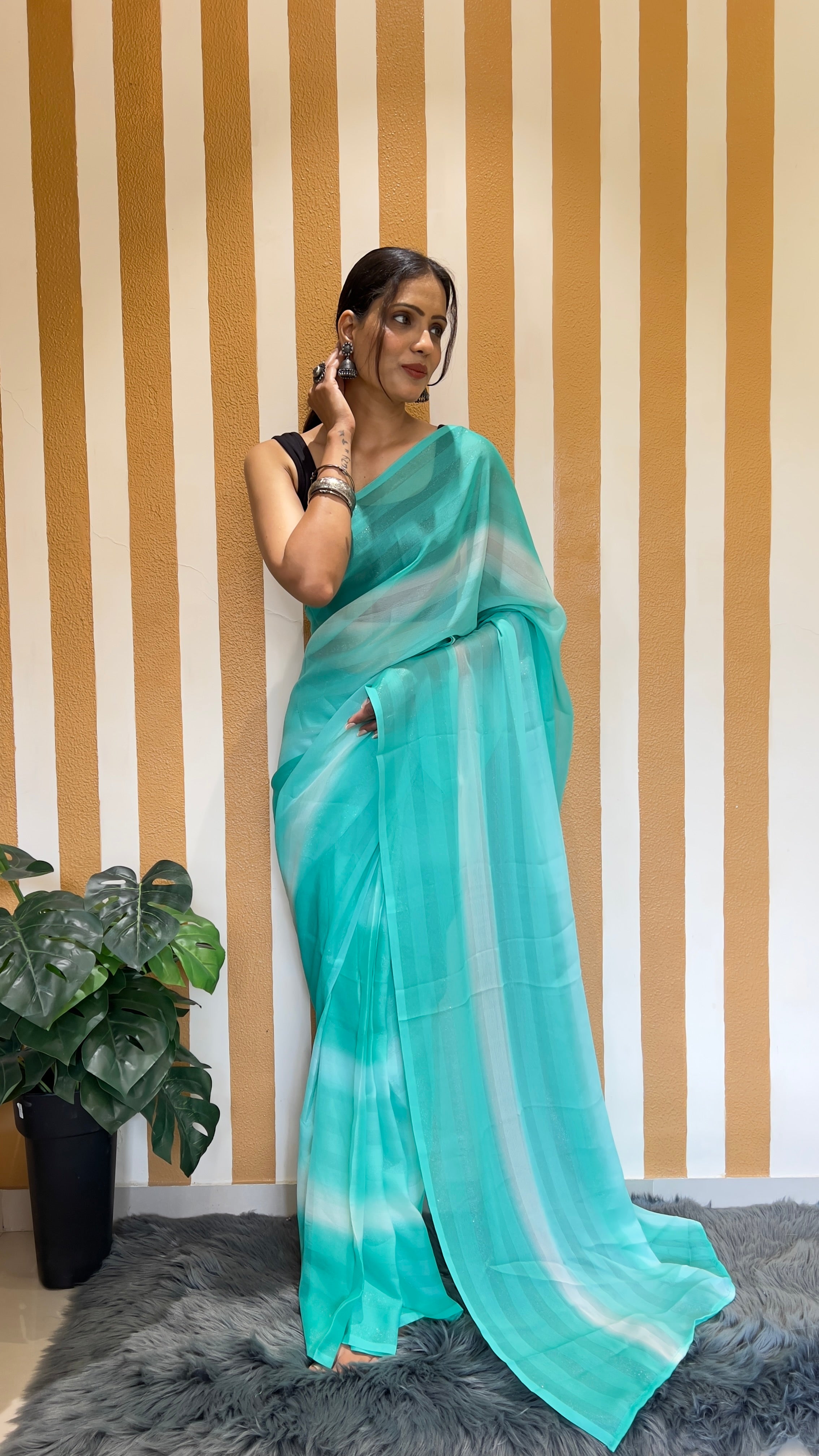 One Minute Ready To Wear New Premium Quality Aqua Stripe Charm Nylone Rimzim saree