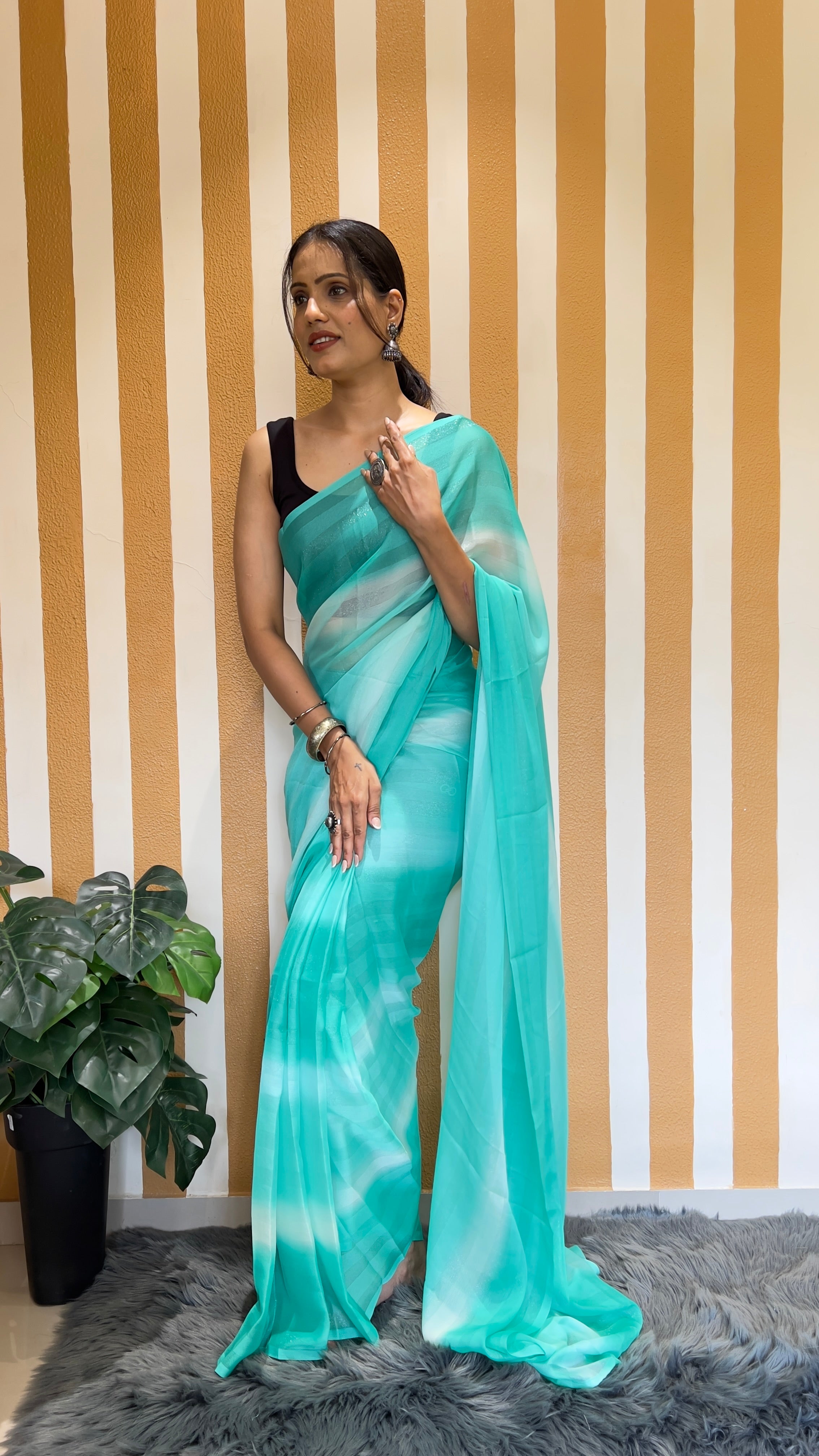 One Minute Ready To Wear New Premium Quality Aqua Stripe Charm Nylone Rimzim saree