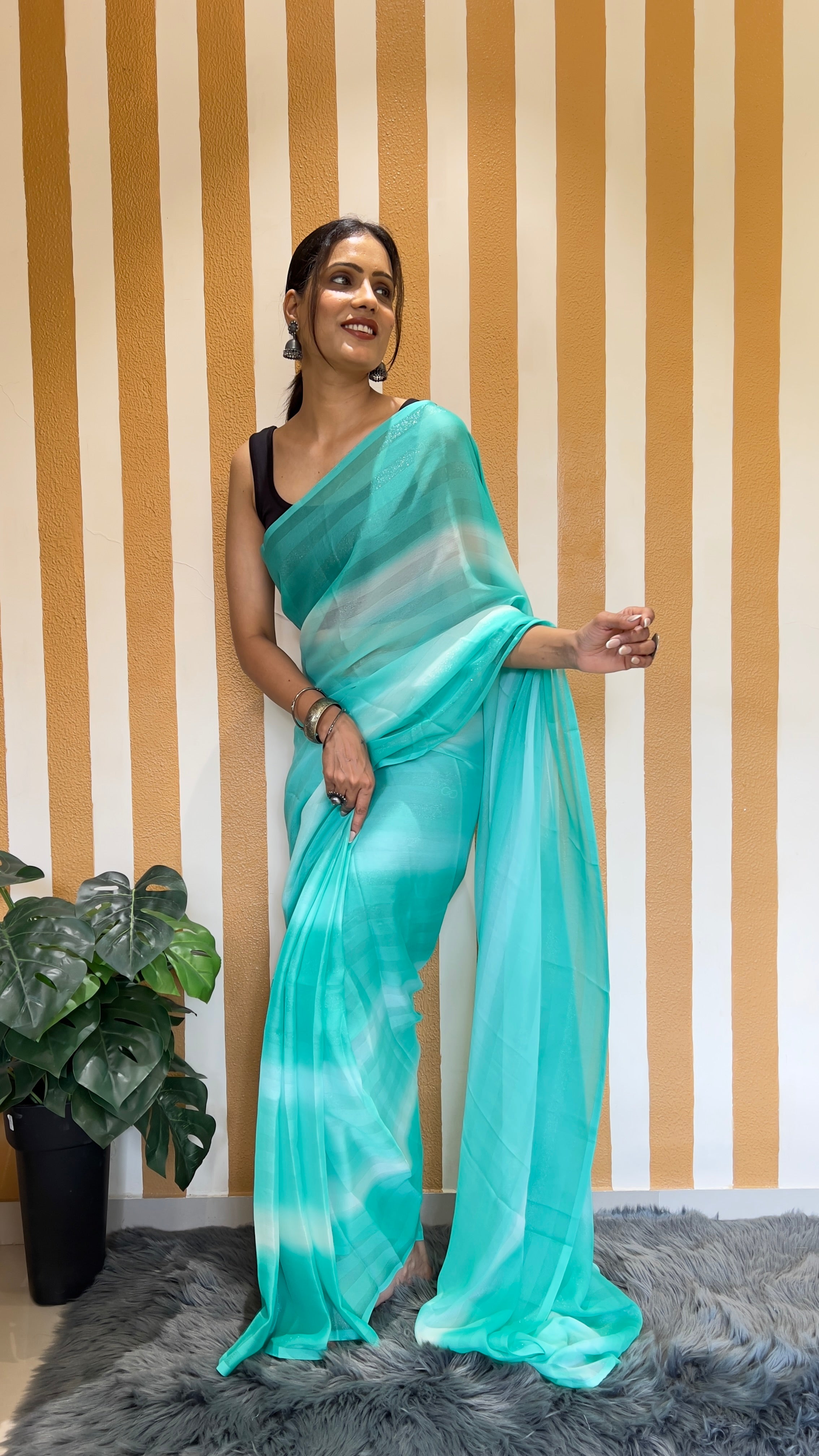 One Minute Ready To Wear New Premium Quality Aqua Stripe Charm Nylone Rimzim saree