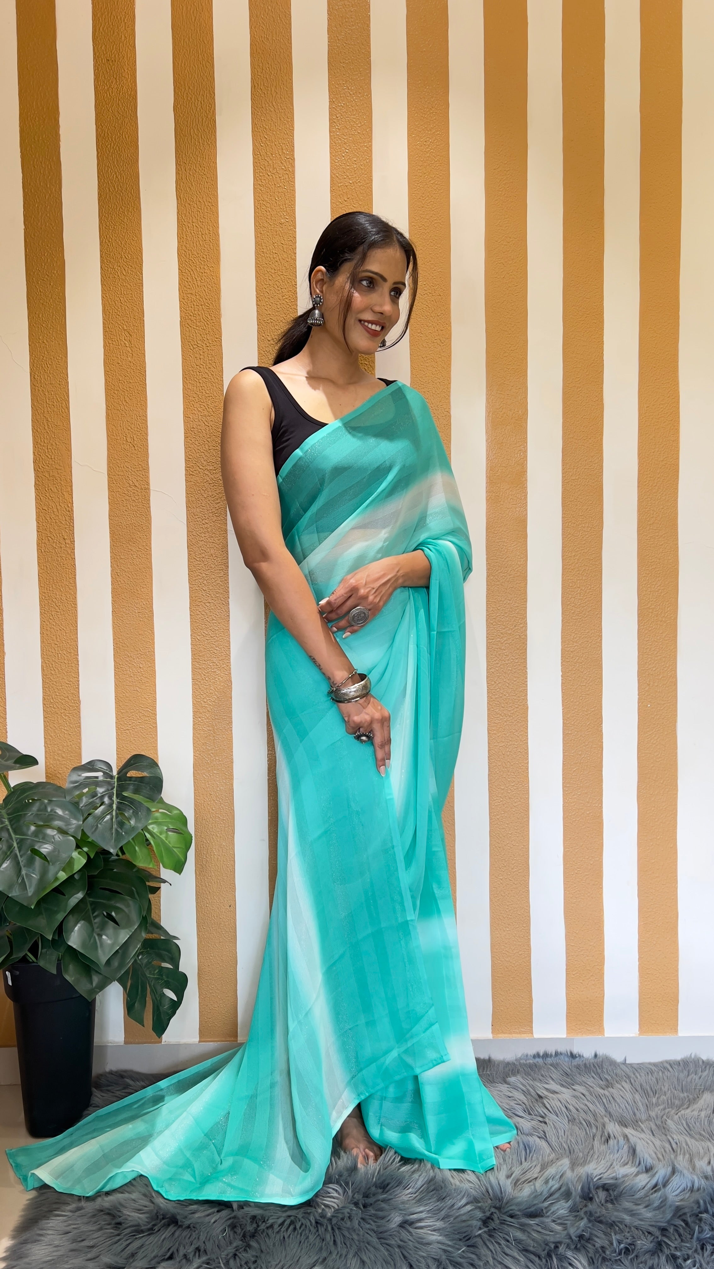 One Minute Ready To Wear New Premium Quality Aqua Stripe Charm Nylone Rimzim saree