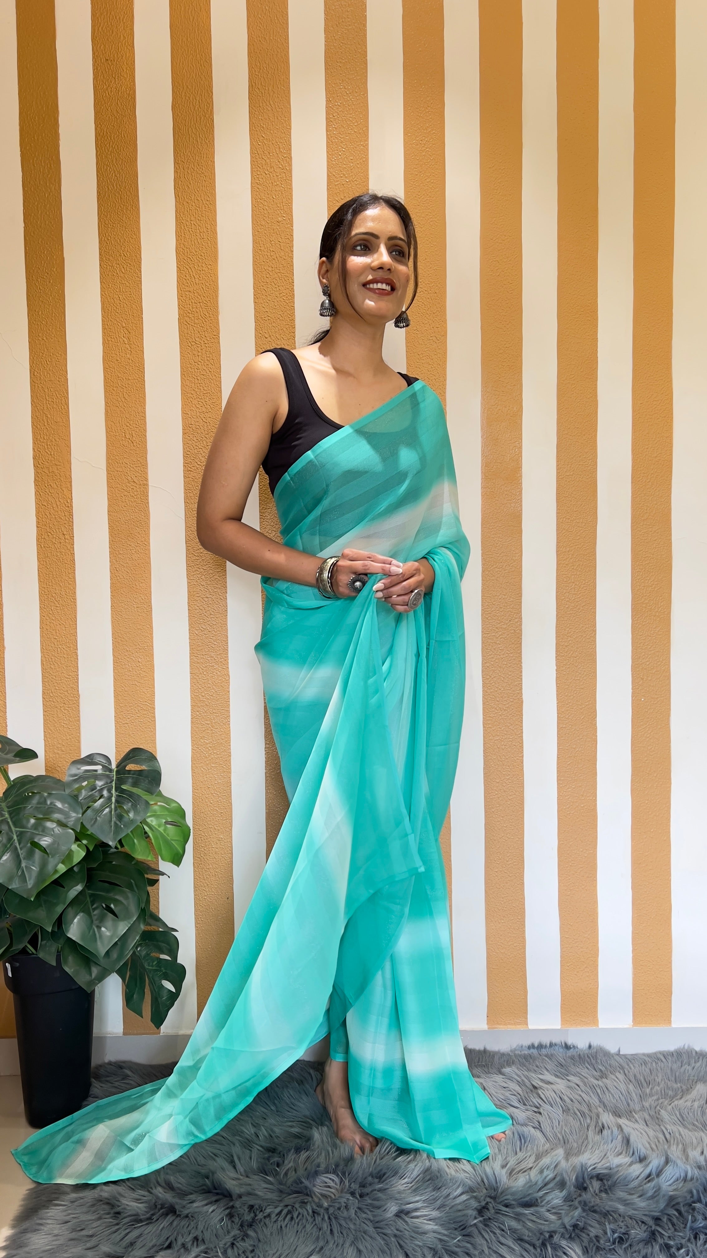 One Minute Ready To Wear New Premium Quality Aqua Stripe Charm Nylone Rimzim saree