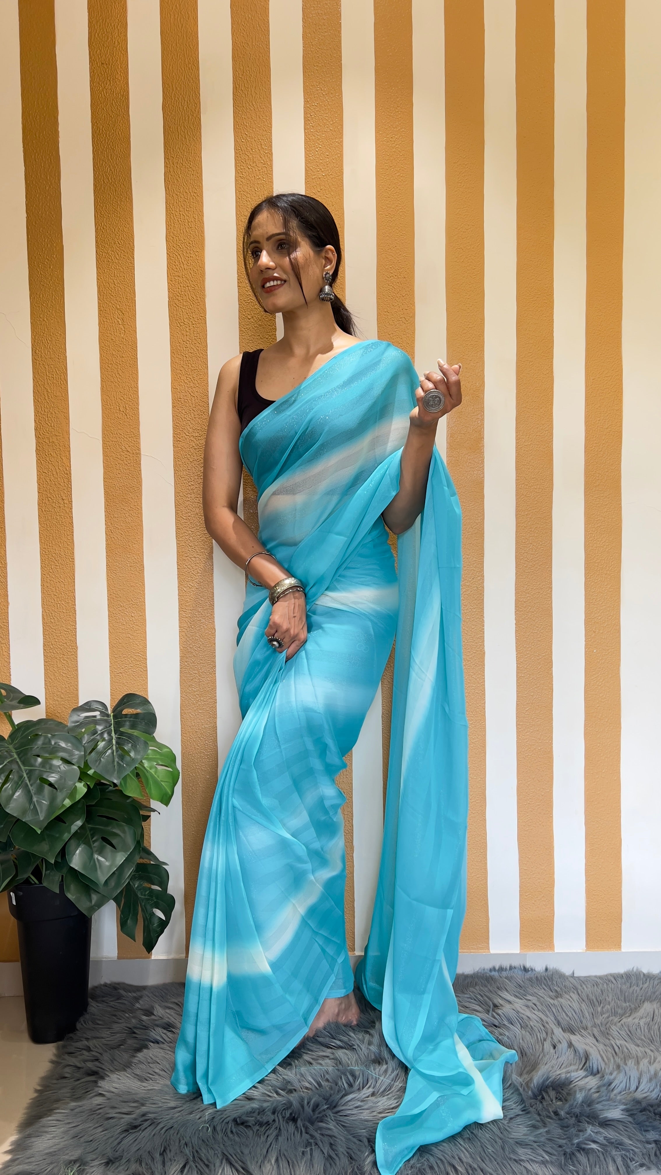 One Minute Ready To Wear New Premium Quality Skyline Beauty Nylone Rimzim saree