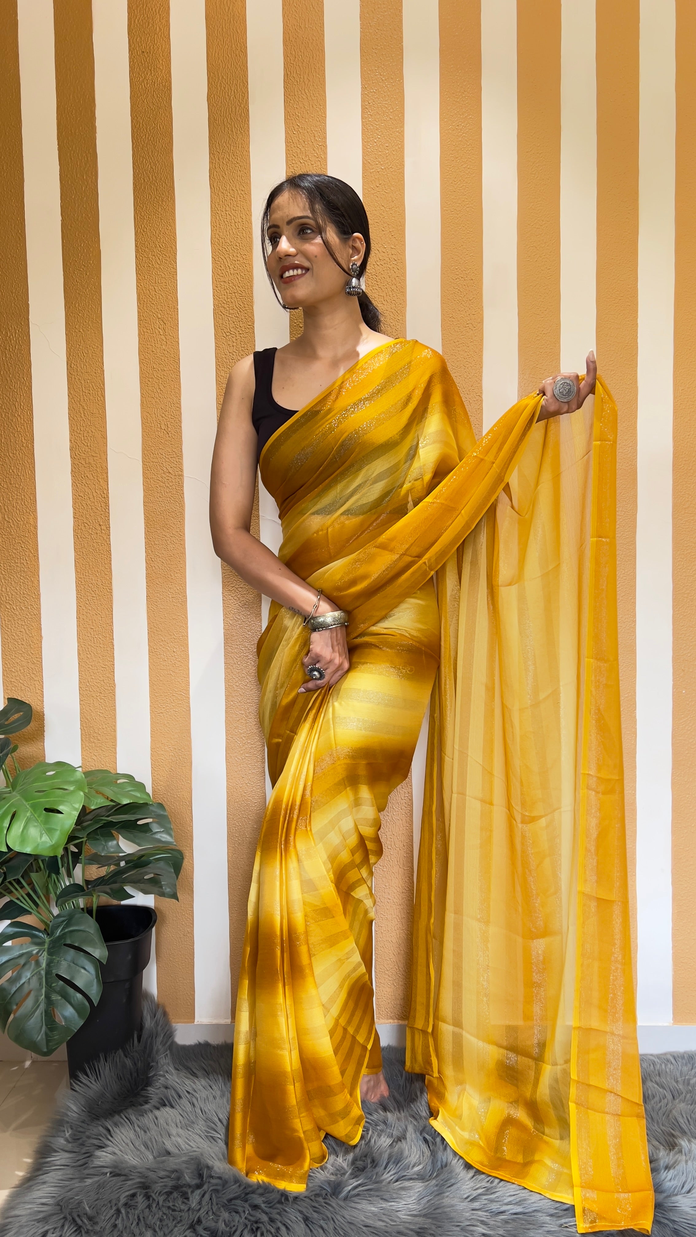 One Minute Ready To Wear New Premium Quality Lemon Zest Nylone Rimzim saree