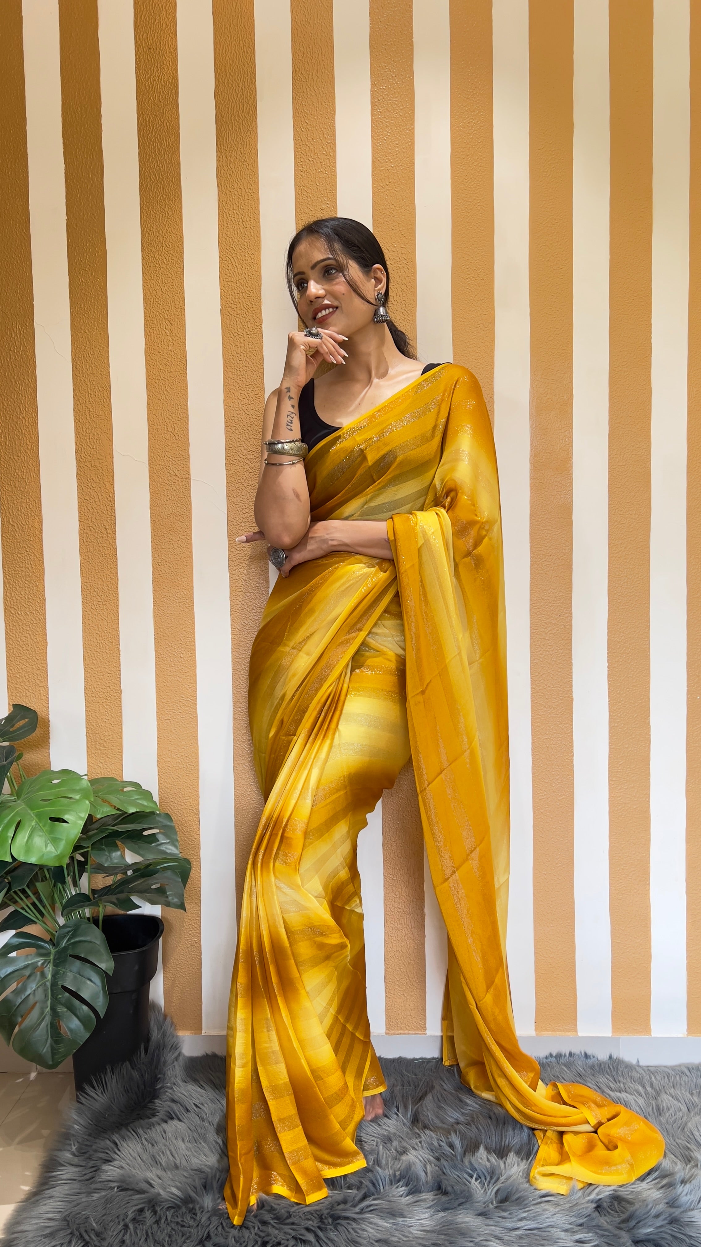 One Minute Ready To Wear New Premium Quality Lemon Zest Nylone Rimzim saree