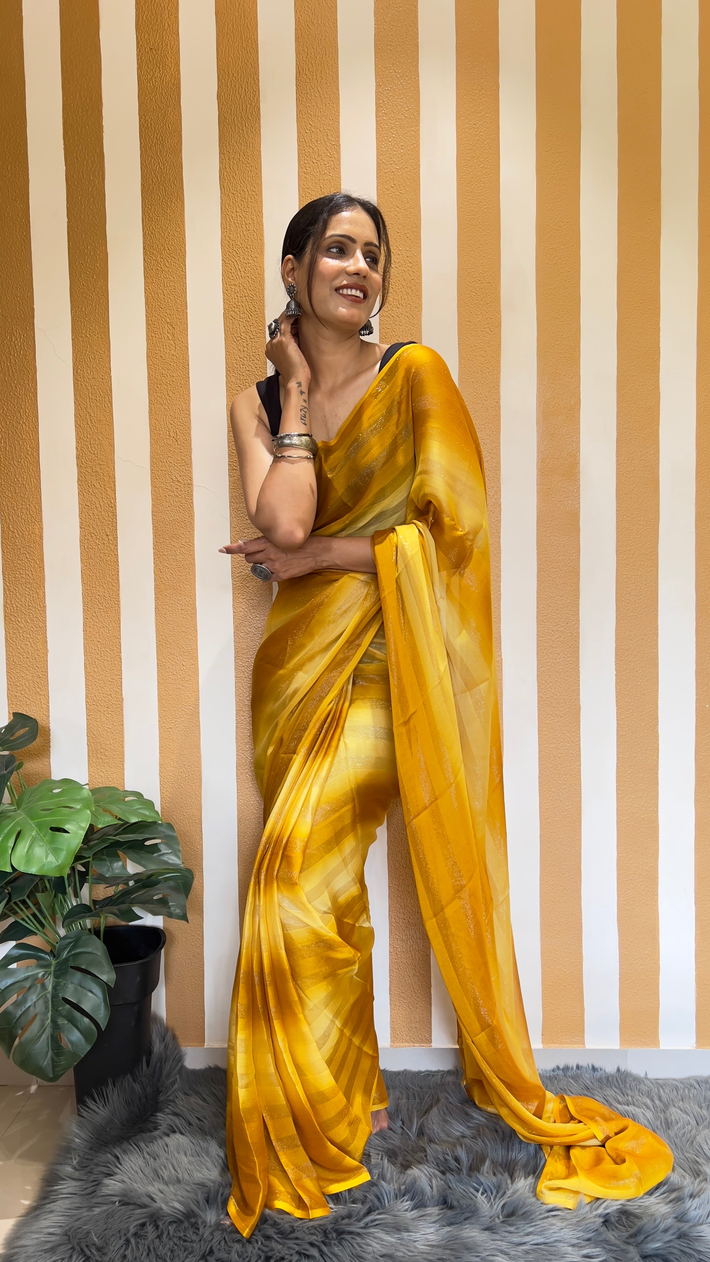 One Minute Ready To Wear New Premium Quality Lemon Zest Nylone Rimzim saree