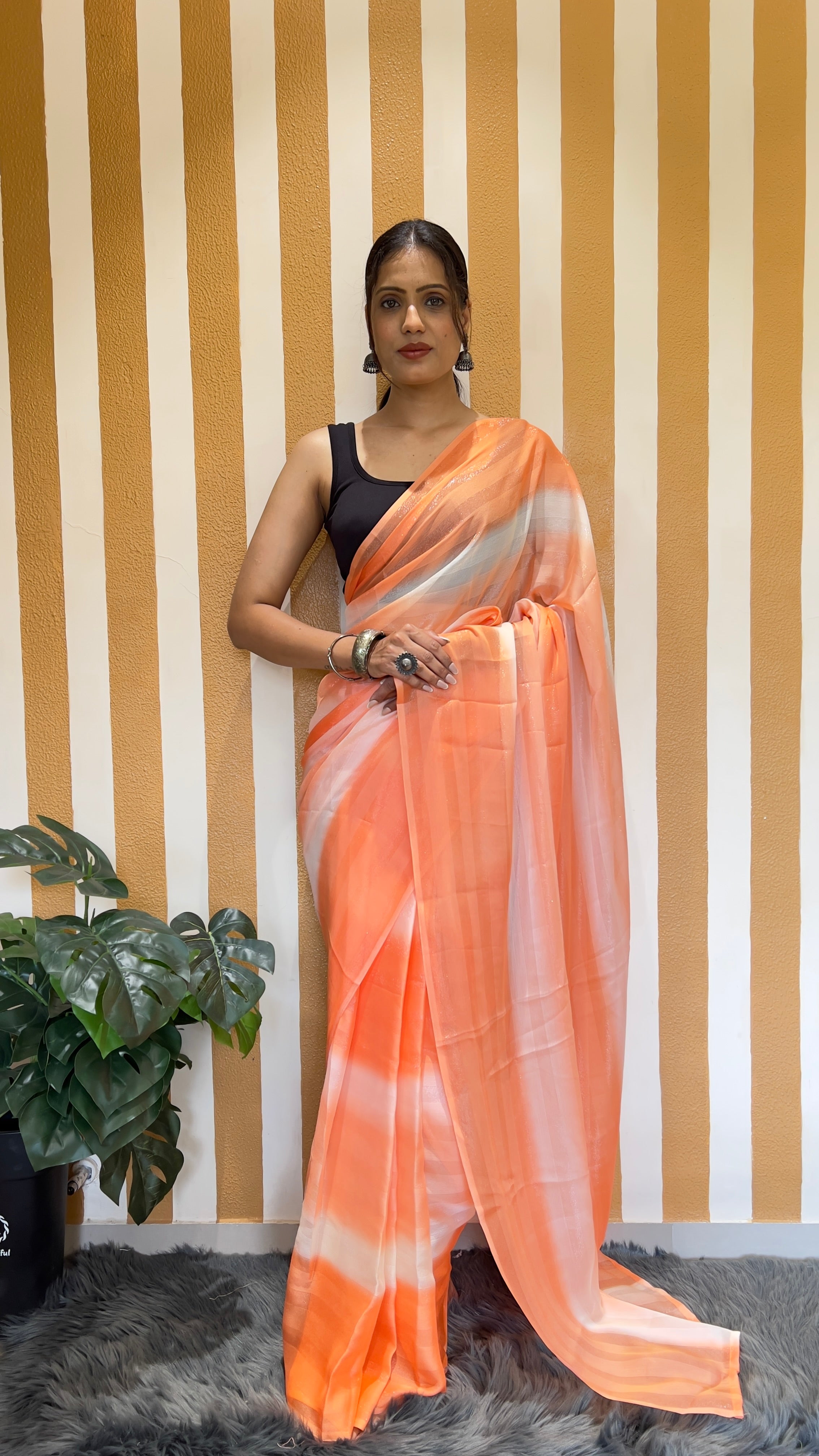 One Minute Ready To Wear New Premium Quality Glamour Glow Orange Bland Nylone Rimzim saree