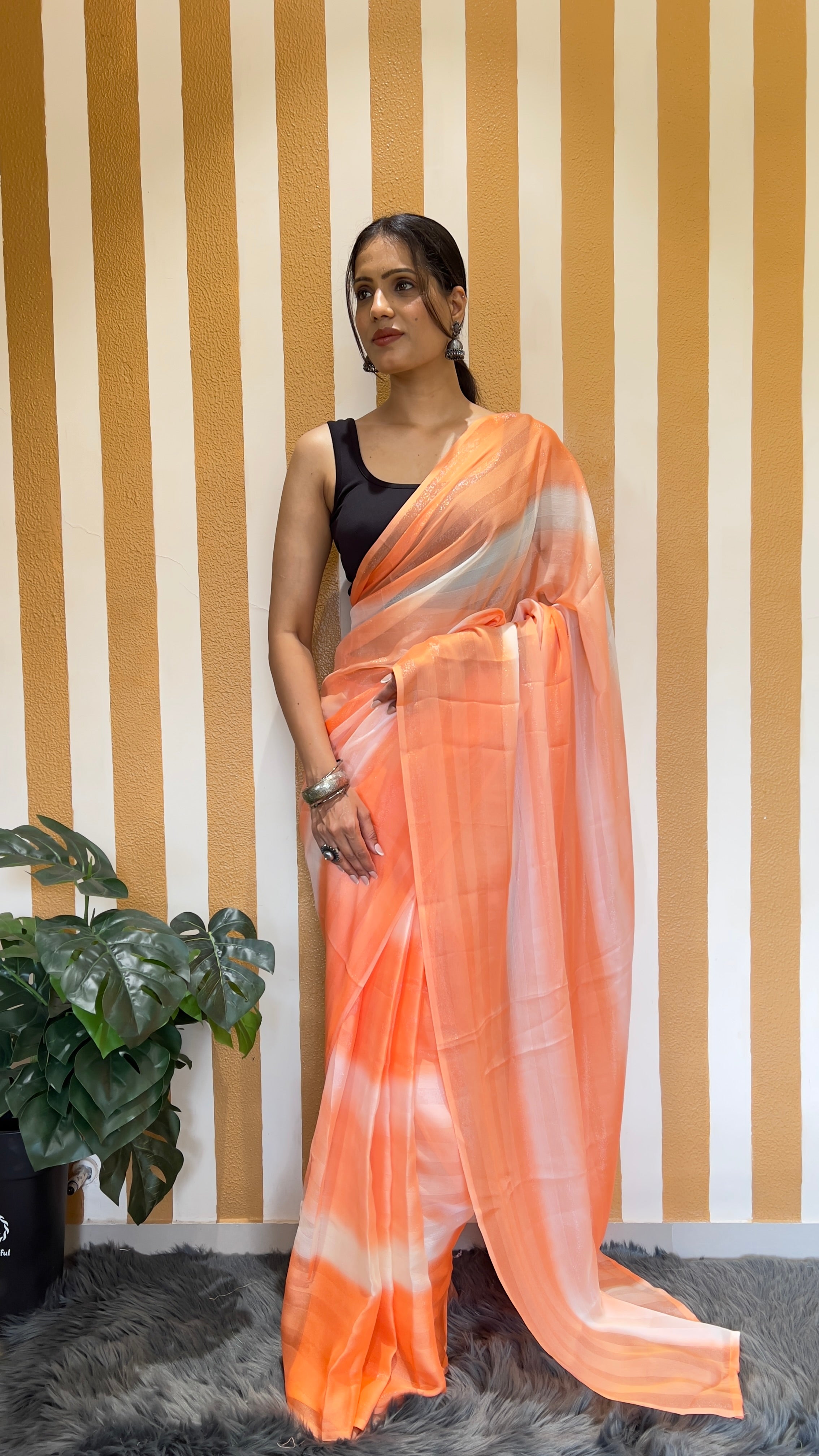 One Minute Ready To Wear New Premium Quality Glamour Glow Orange Bland Nylone Rimzim saree