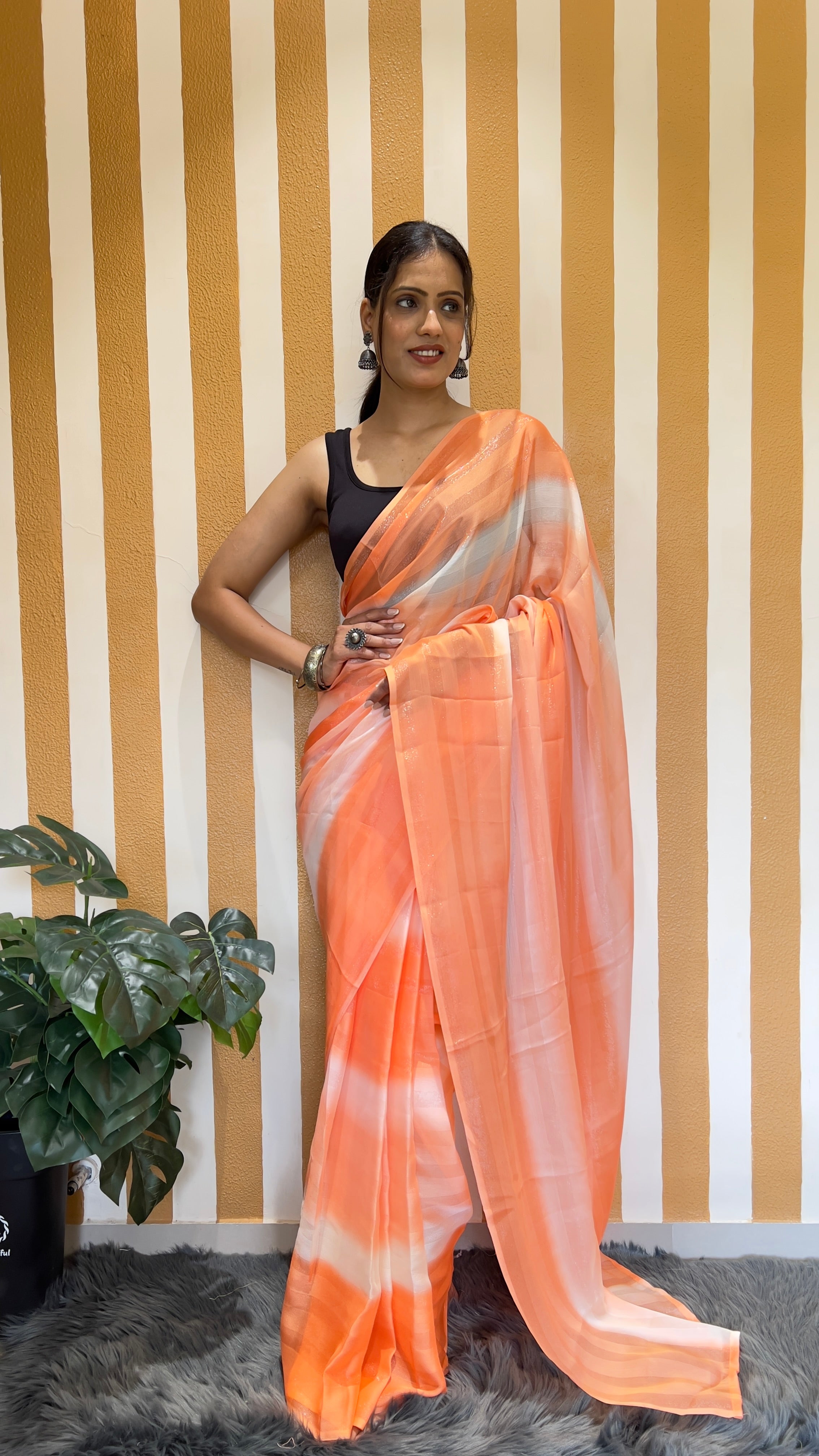 One Minute Ready To Wear New Premium Quality Glamour Glow Orange Bland Nylone Rimzim saree