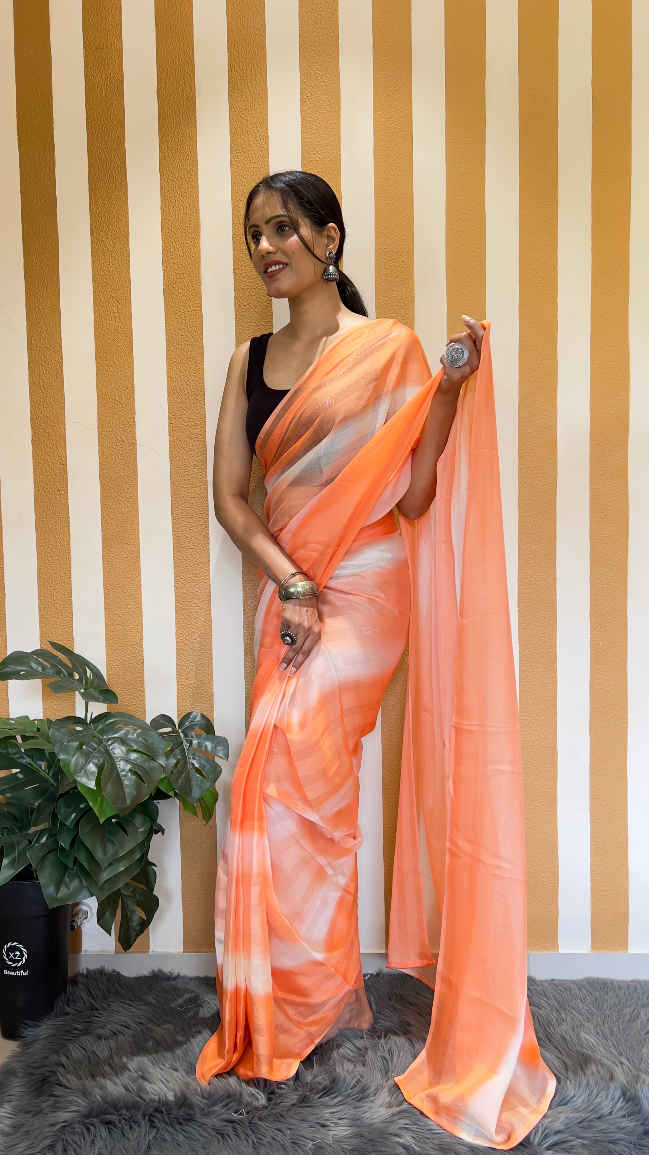 One Minute Ready To Wear New Premium Quality Glamour Glow Orange Bland Nylone Rimzim saree