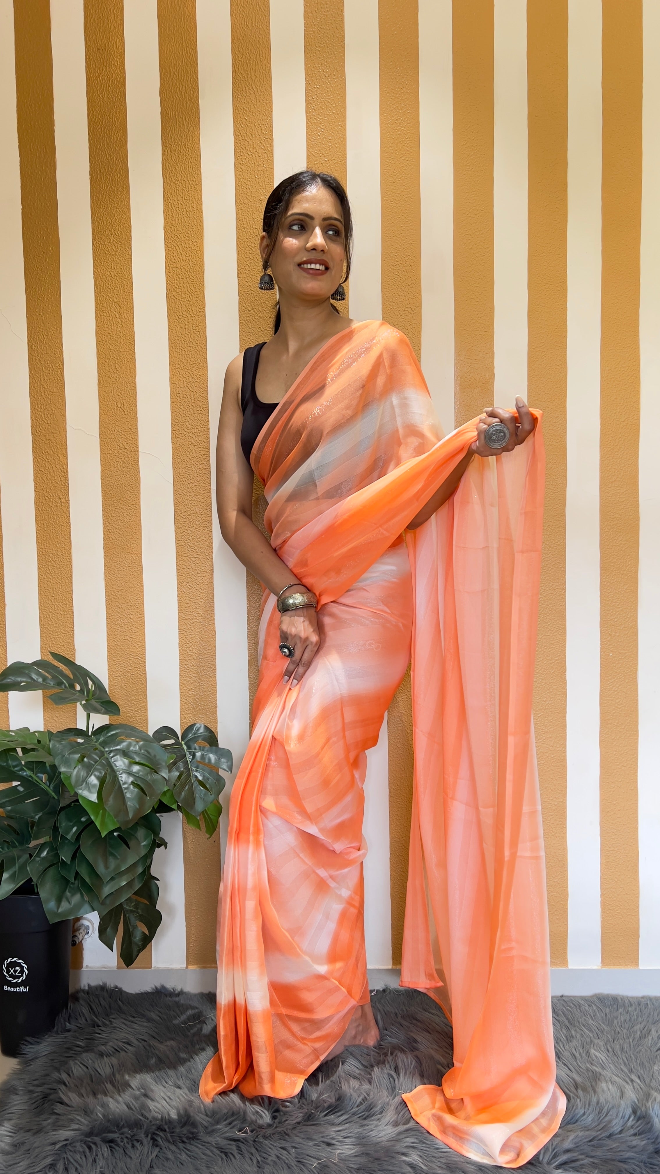 One Minute Ready To Wear New Premium Quality Glamour Glow Orange Bland Nylone Rimzim saree