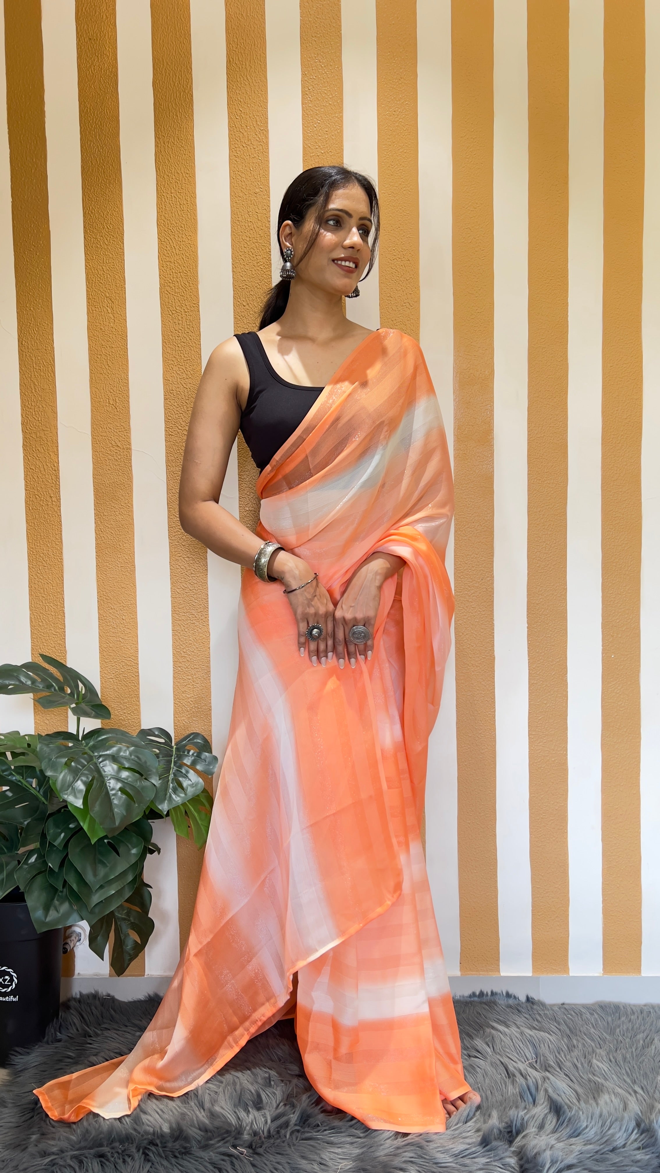 One Minute Ready To Wear New Premium Quality Glamour Glow Orange Bland Nylone Rimzim saree