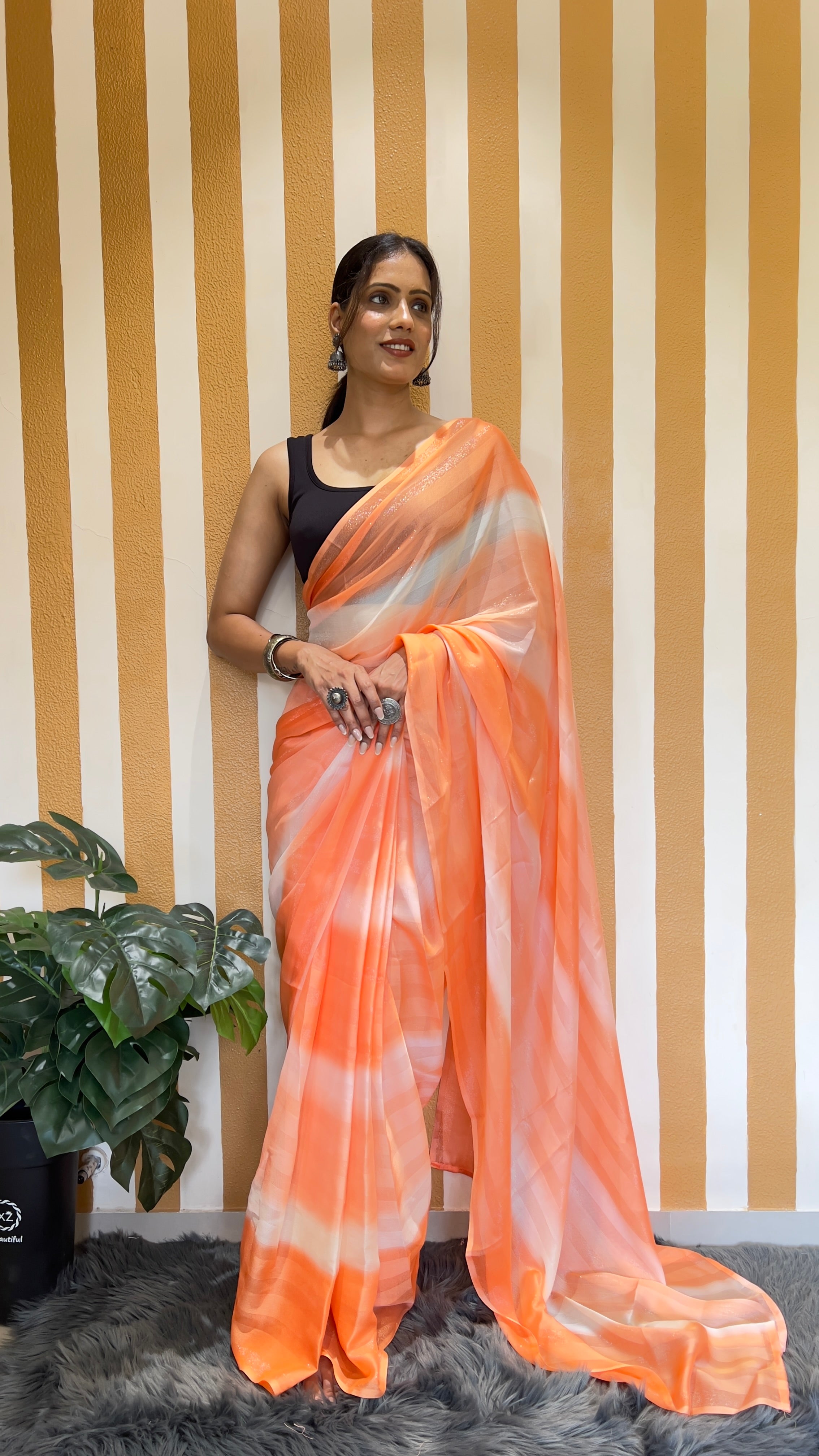 One Minute Ready To Wear New Premium Quality Glamour Glow Orange Bland Nylone Rimzim saree