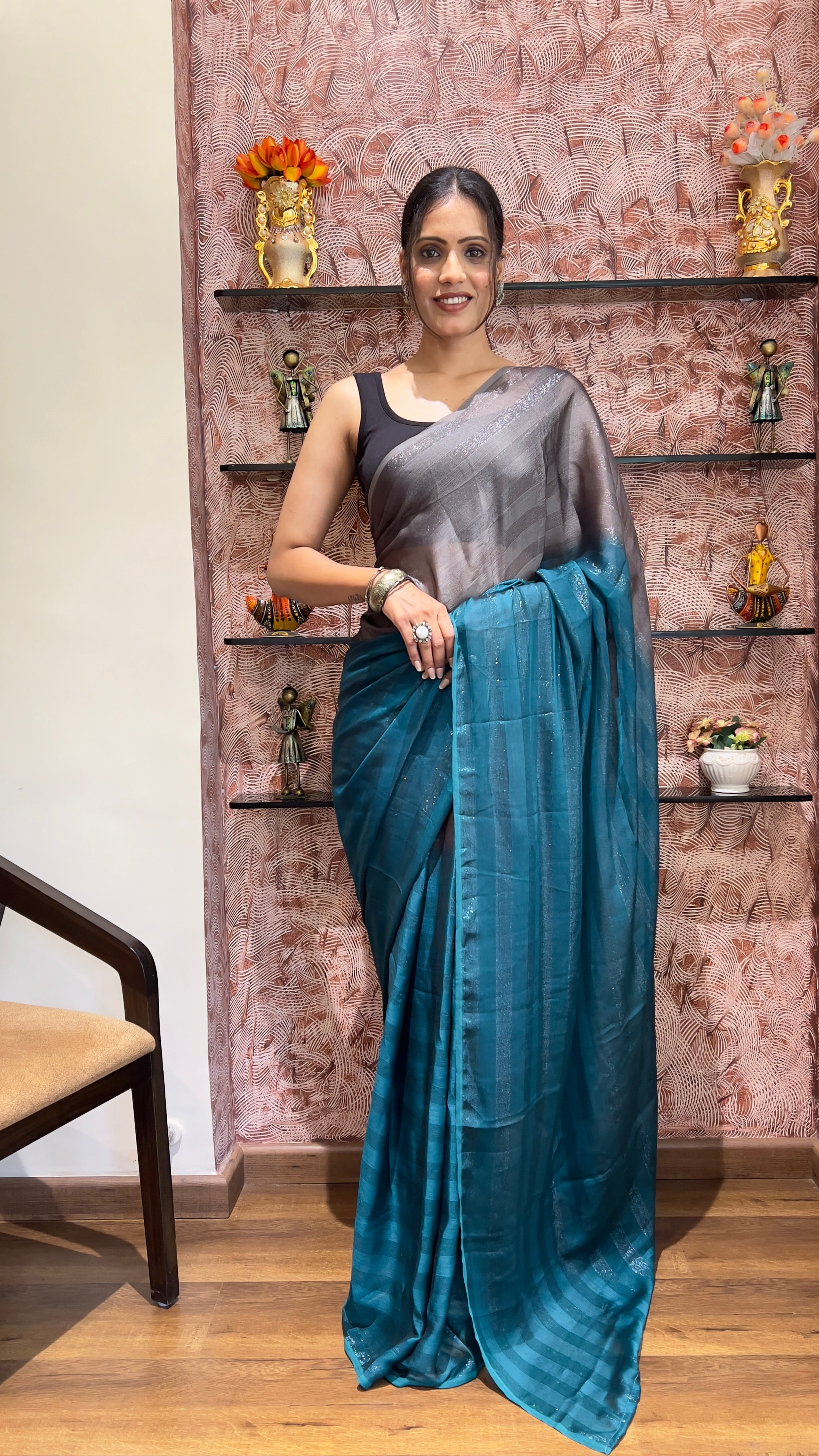 One Minute Ready To Wear New Premium Quality Royal Reflections Nylone Rimzim saree