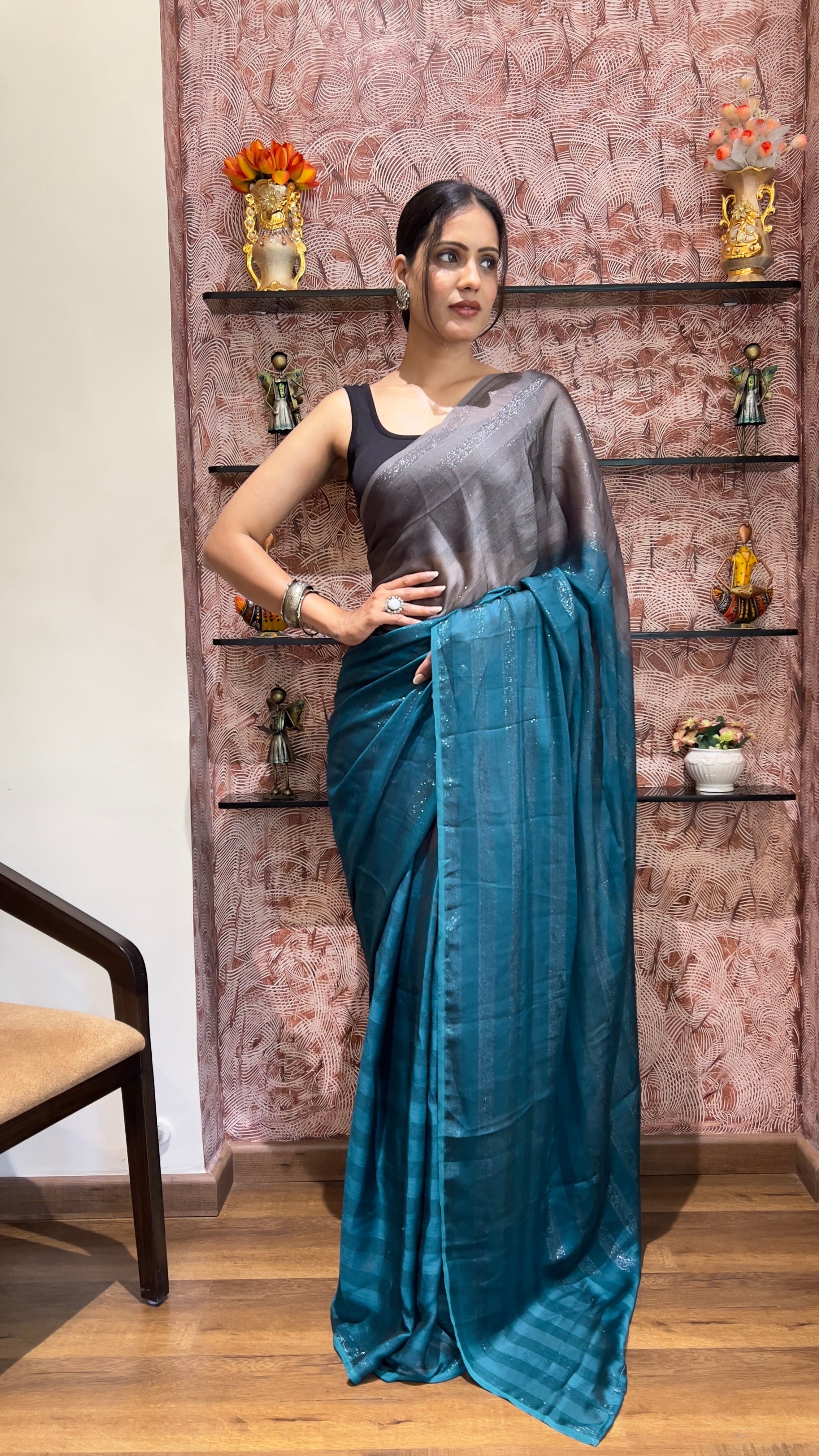 One Minute Ready To Wear New Premium Quality Royal Reflections Nylone Rimzim saree