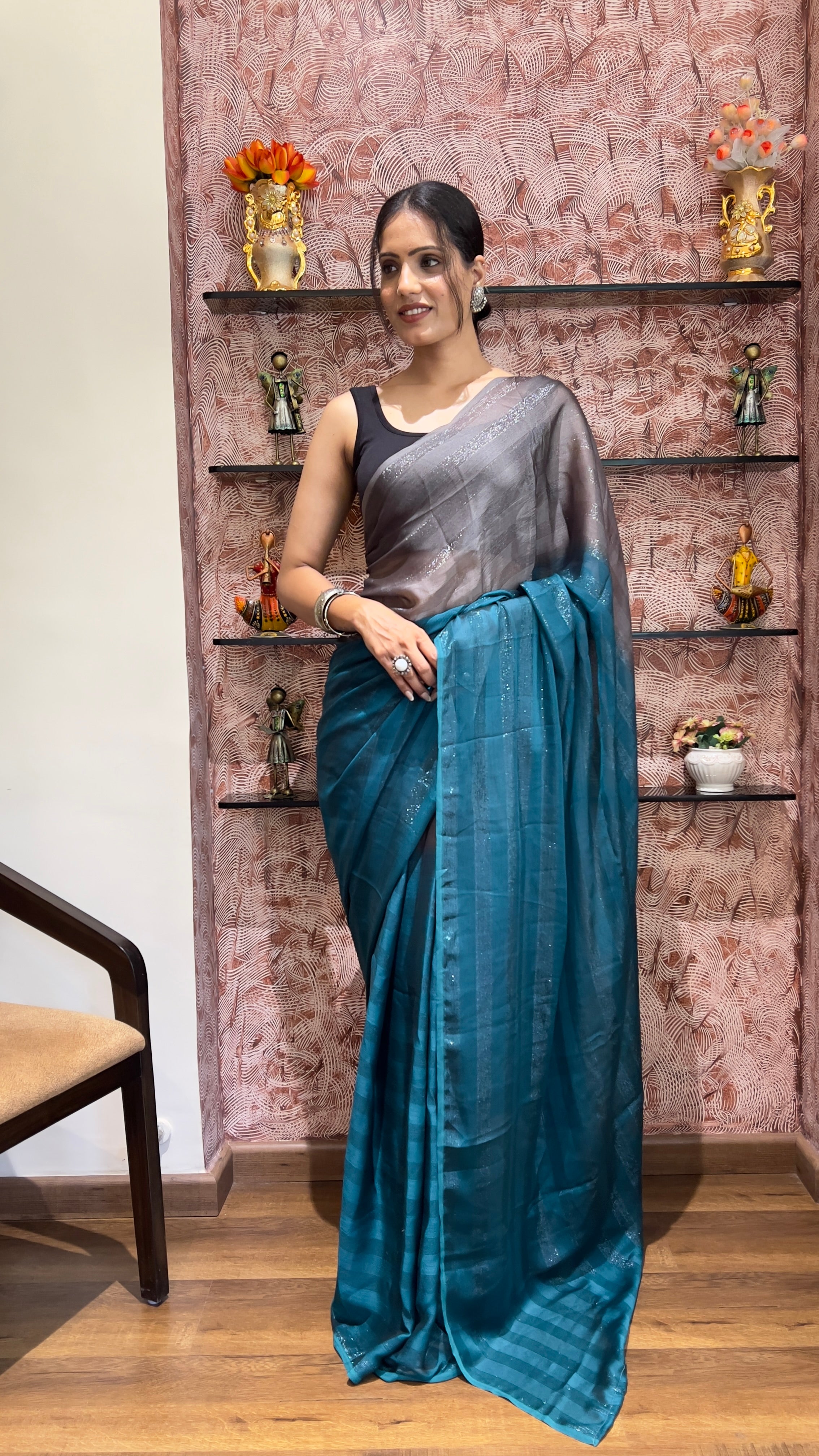 One Minute Ready To Wear New Premium Quality Royal Reflections Nylone Rimzim saree