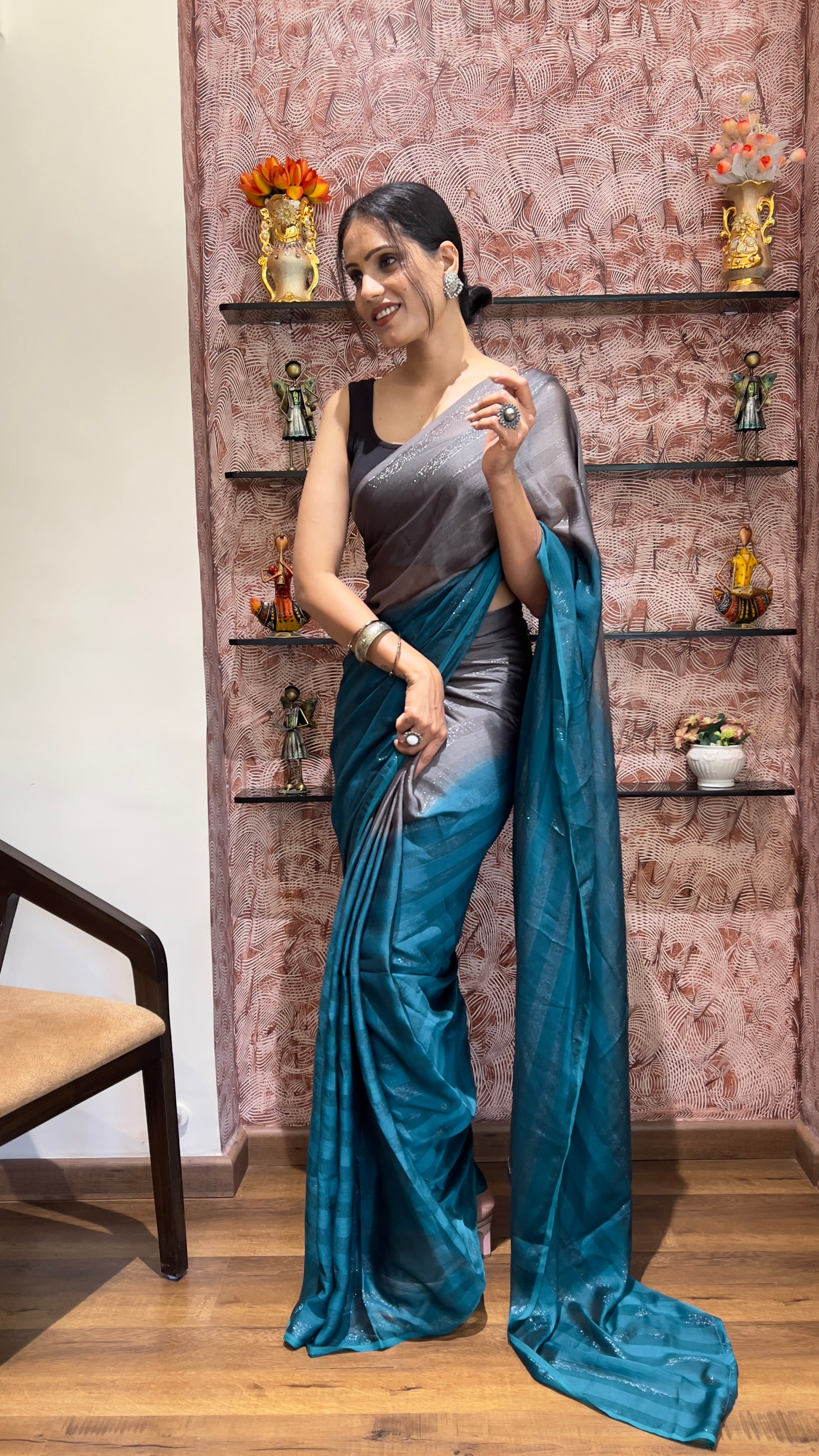 One Minute Ready To Wear New Premium Quality Royal Reflections Nylone Rimzim saree