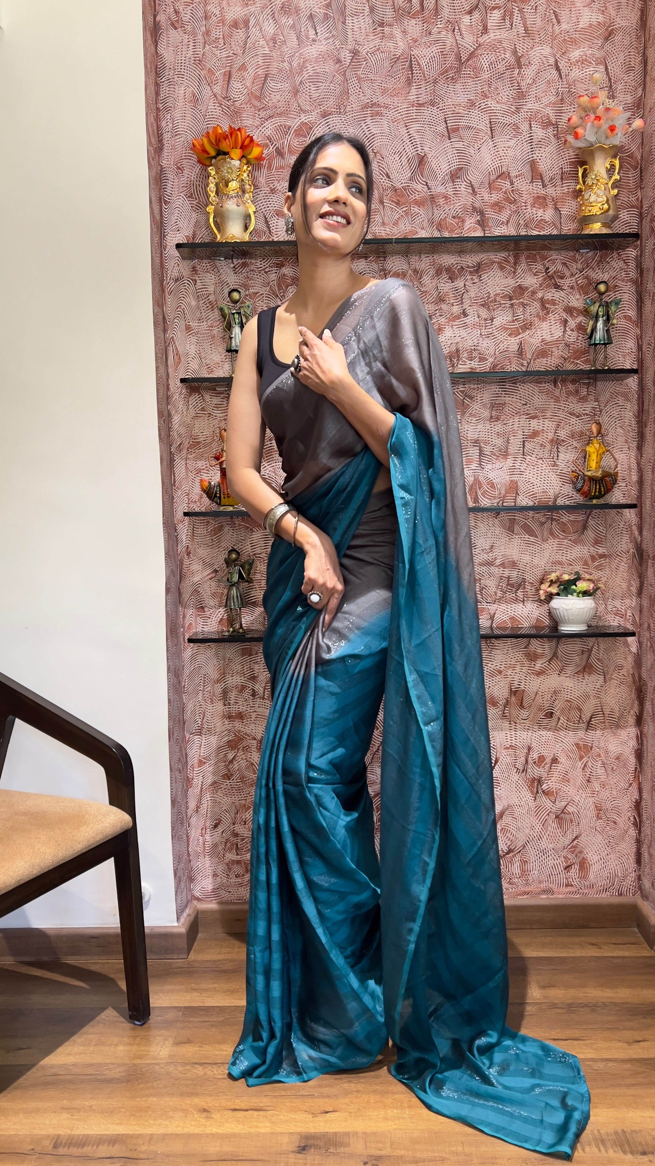 One Minute Ready To Wear New Premium Quality Royal Reflections Nylone Rimzim saree