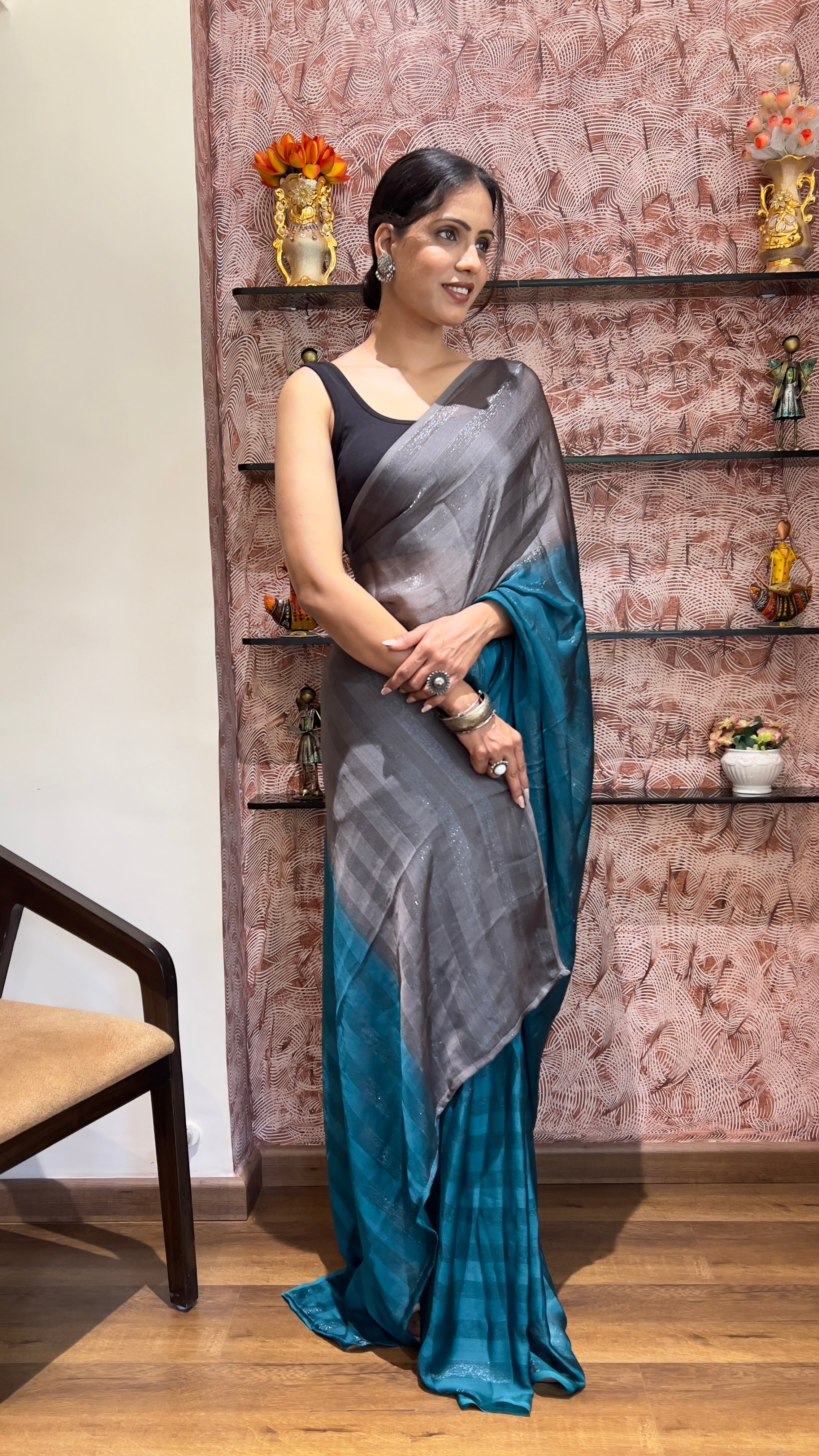 One Minute Ready To Wear New Premium Quality Royal Reflections Nylone Rimzim saree