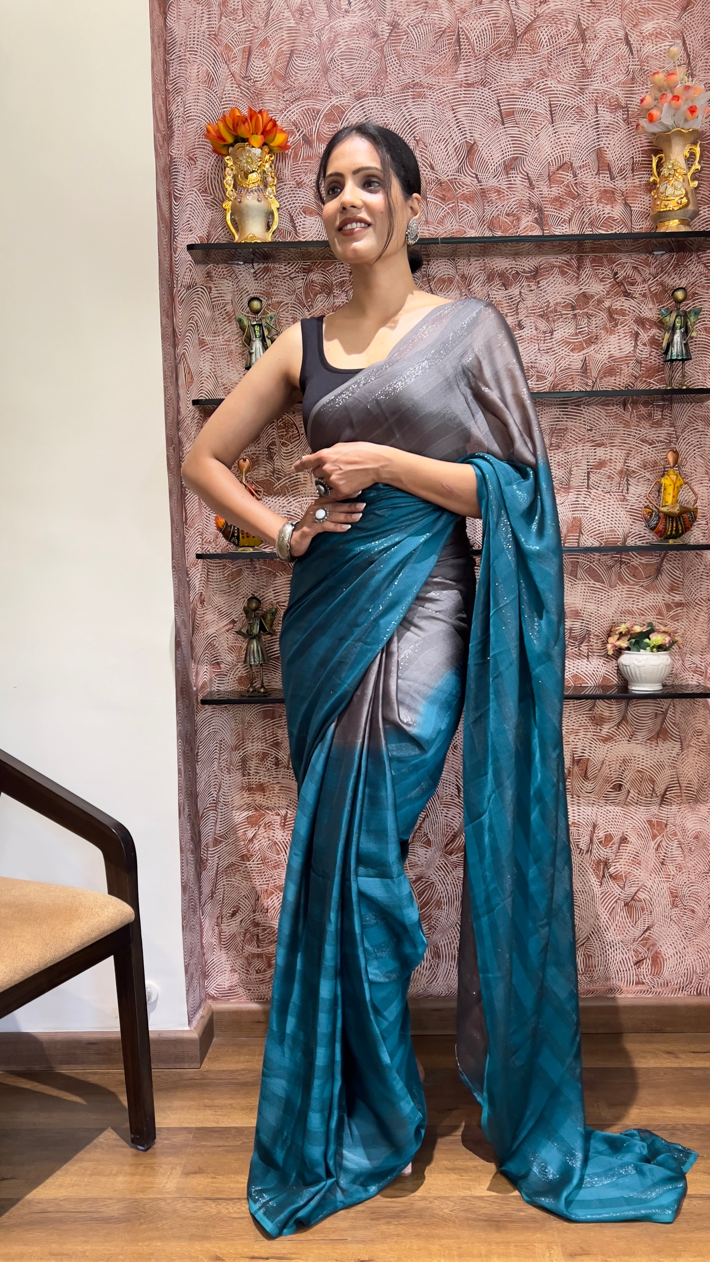 One Minute Ready To Wear New Premium Quality Royal Reflections Nylone Rimzim saree