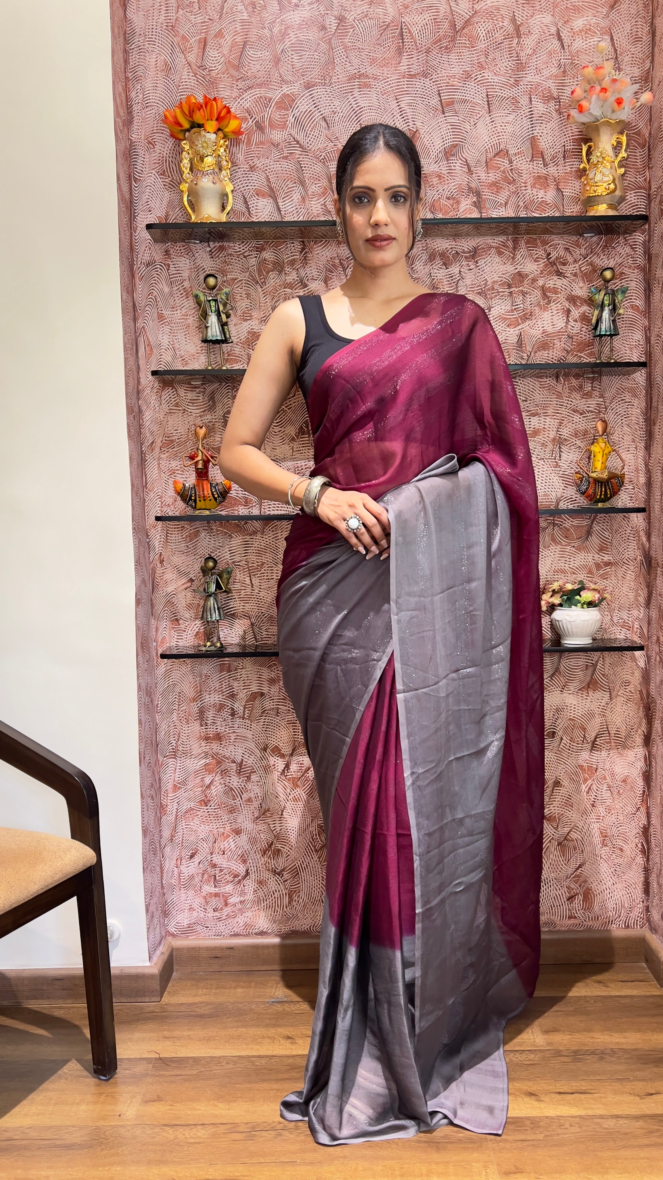 One Minute Ready To Wear New Premium Quality Pink Rani Enchantment Nylone Rimzim saree