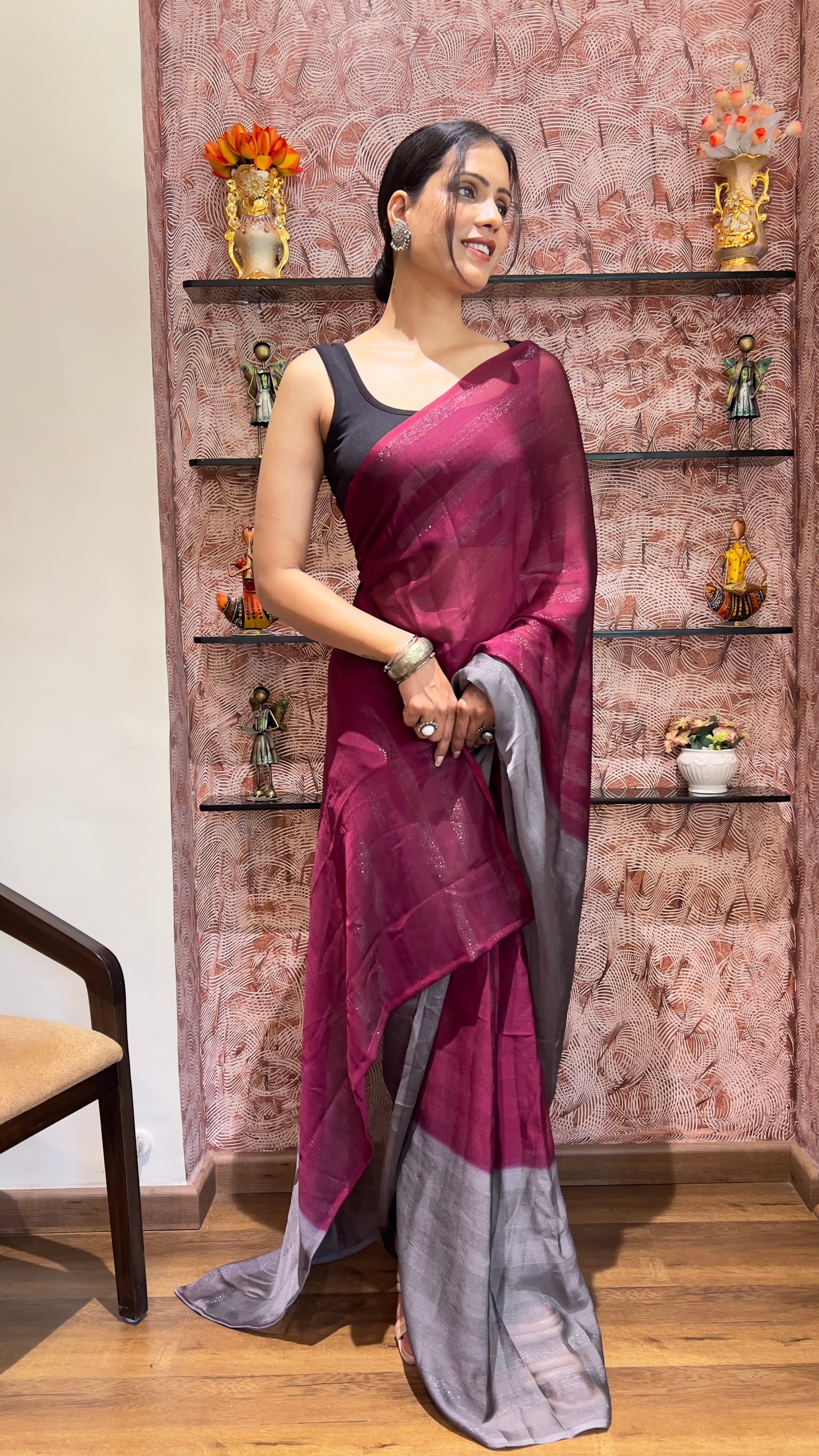 One Minute Ready To Wear New Premium Quality Pink Rani Enchantment Nylone Rimzim saree