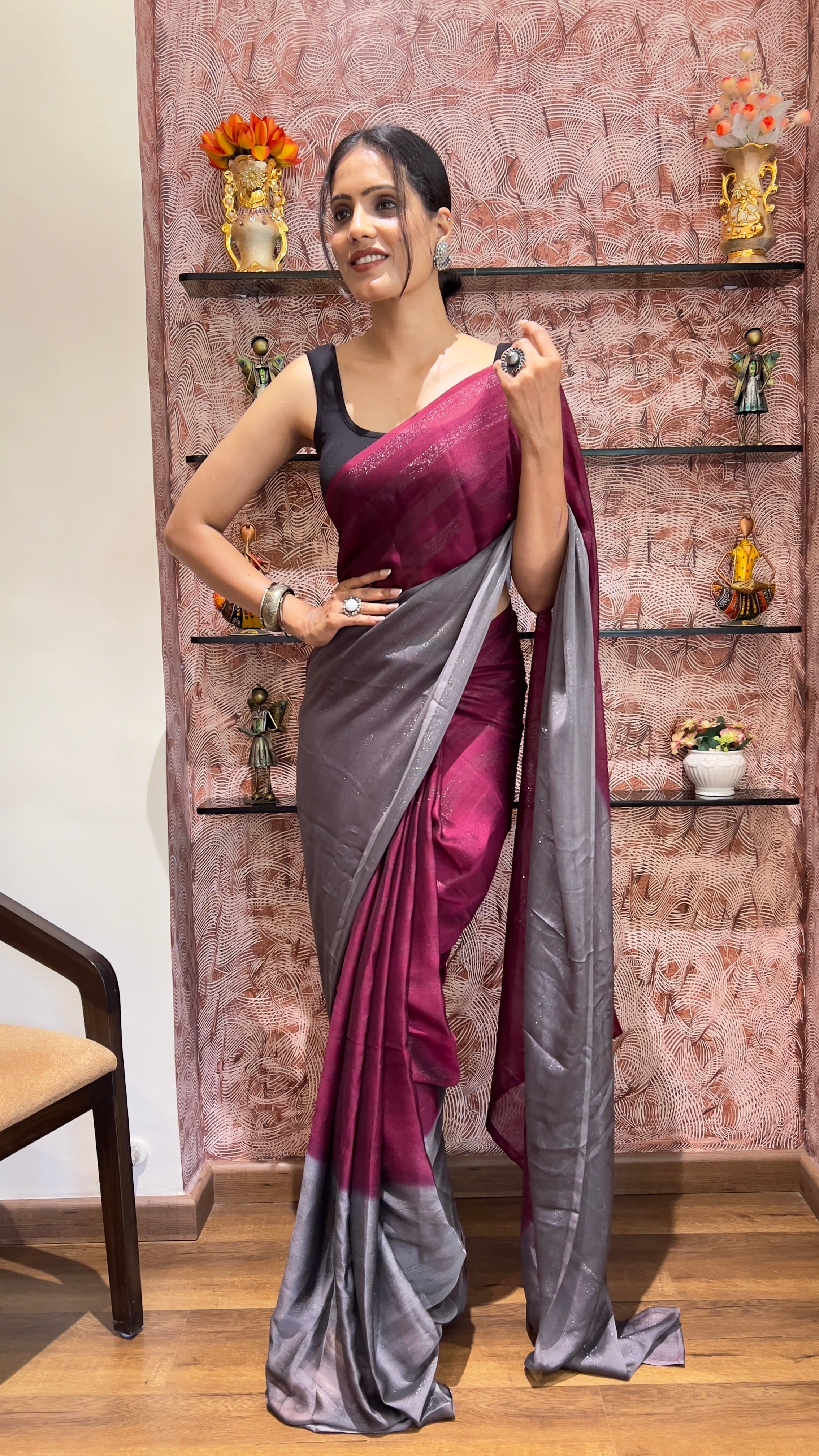 One Minute Ready To Wear New Premium Quality Pink Rani Enchantment Nylone Rimzim saree