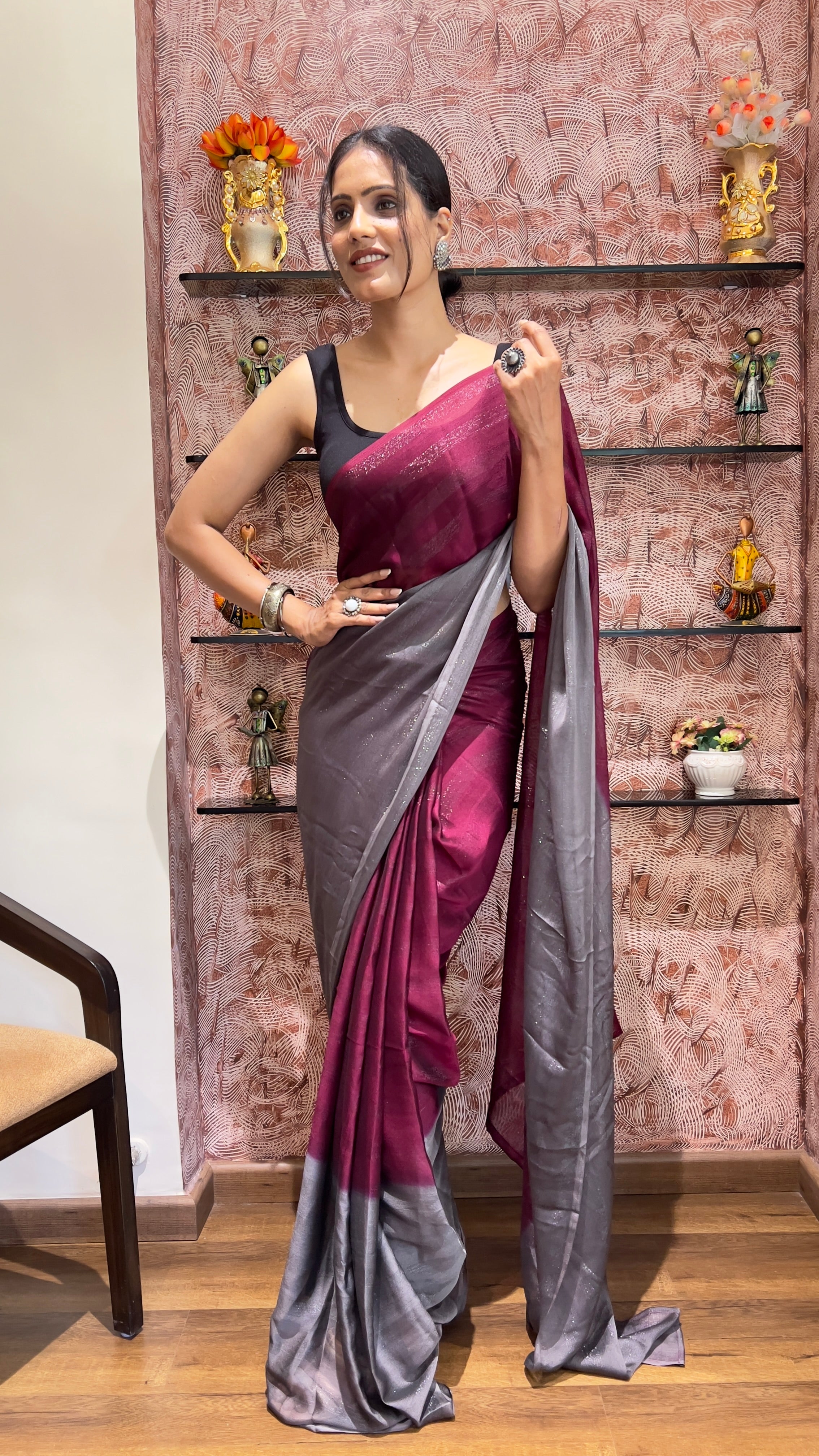 One Minute Ready To Wear New Premium Quality Pink Rani Enchantment Nylone Rimzim saree