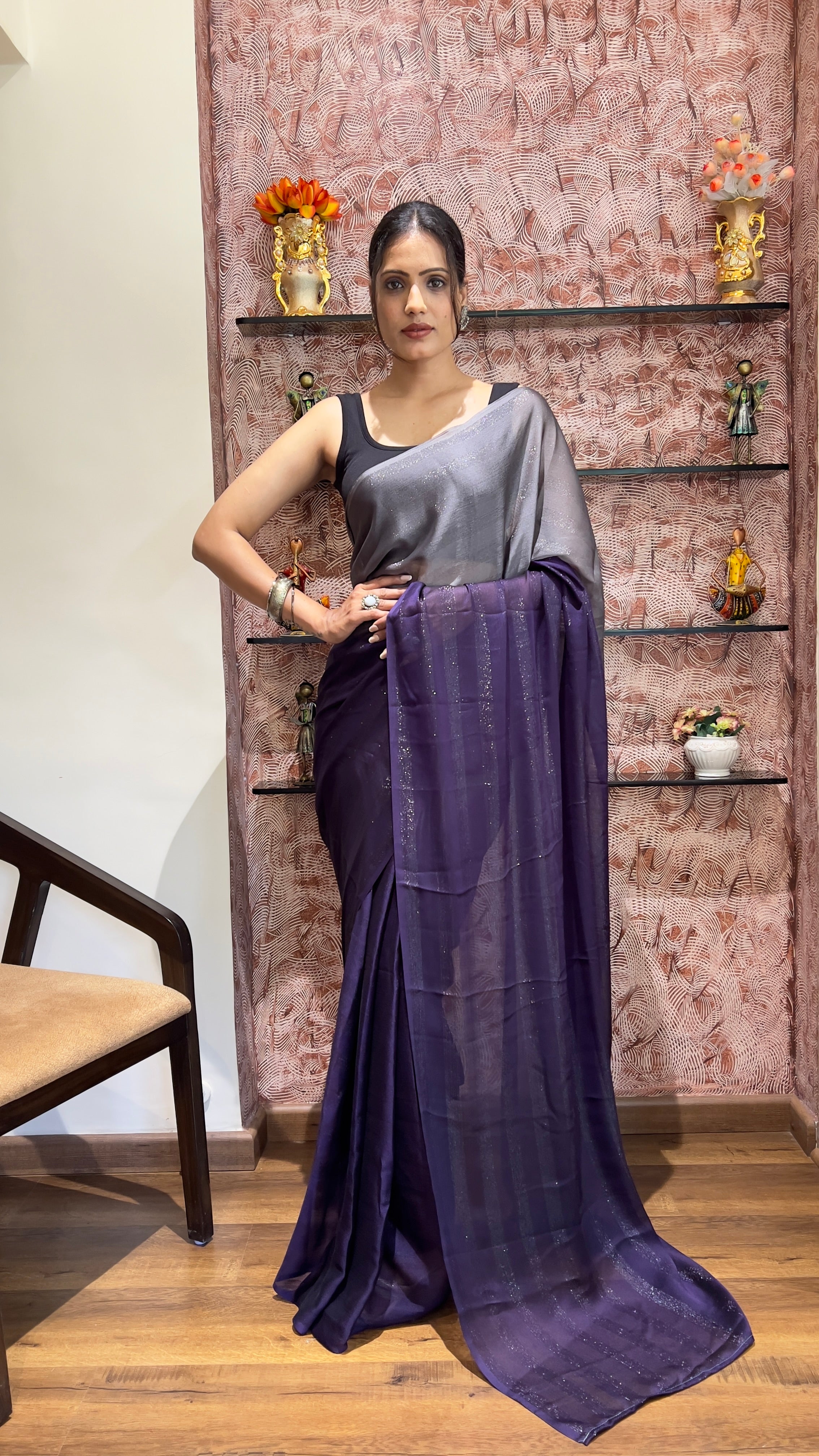 One Minute Ready To Wear New Premium Quality Magenta Splendor Nylone Rimzim saree