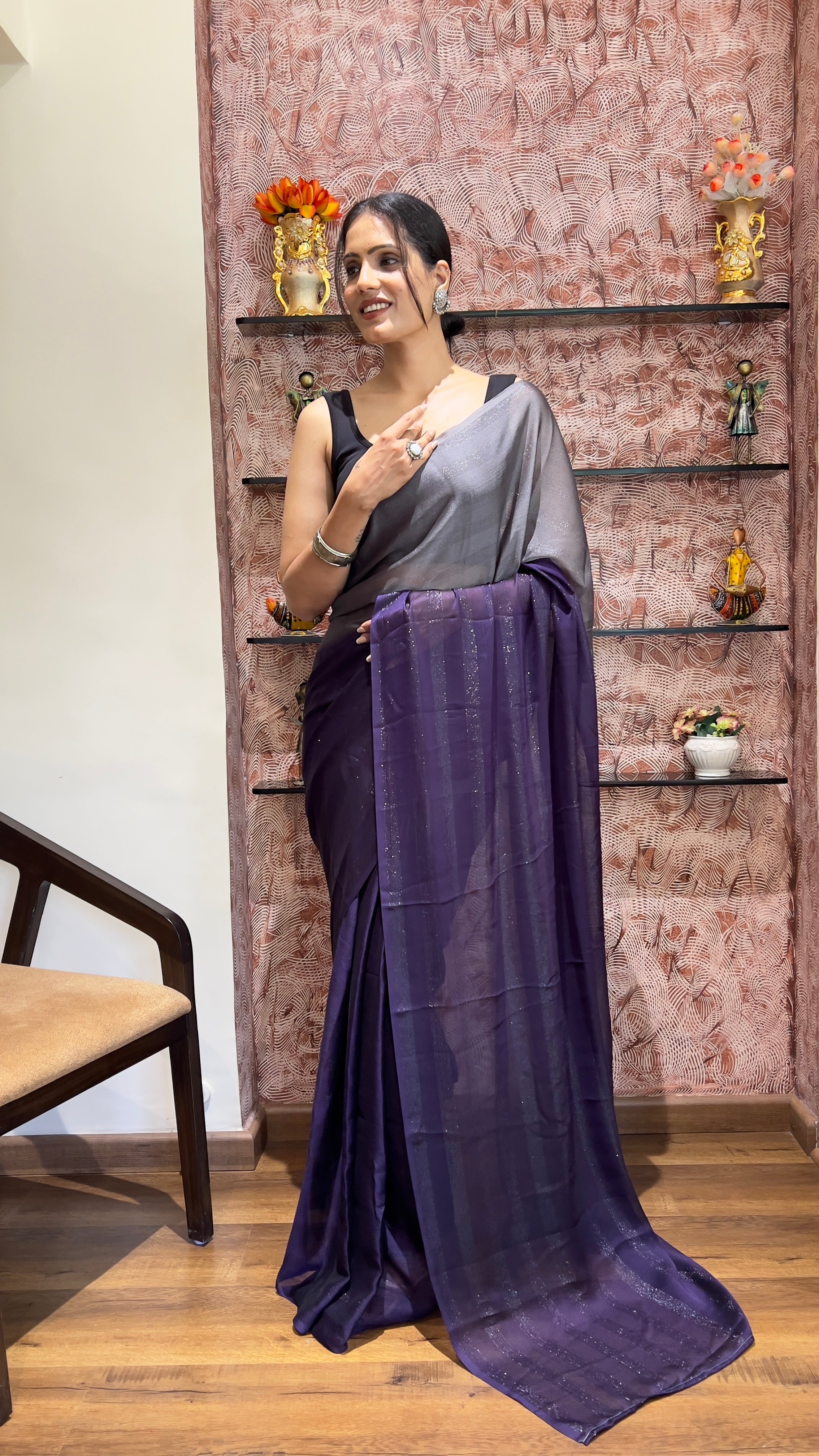 One Minute Ready To Wear New Premium Quality Magenta Splendor Nylone Rimzim saree