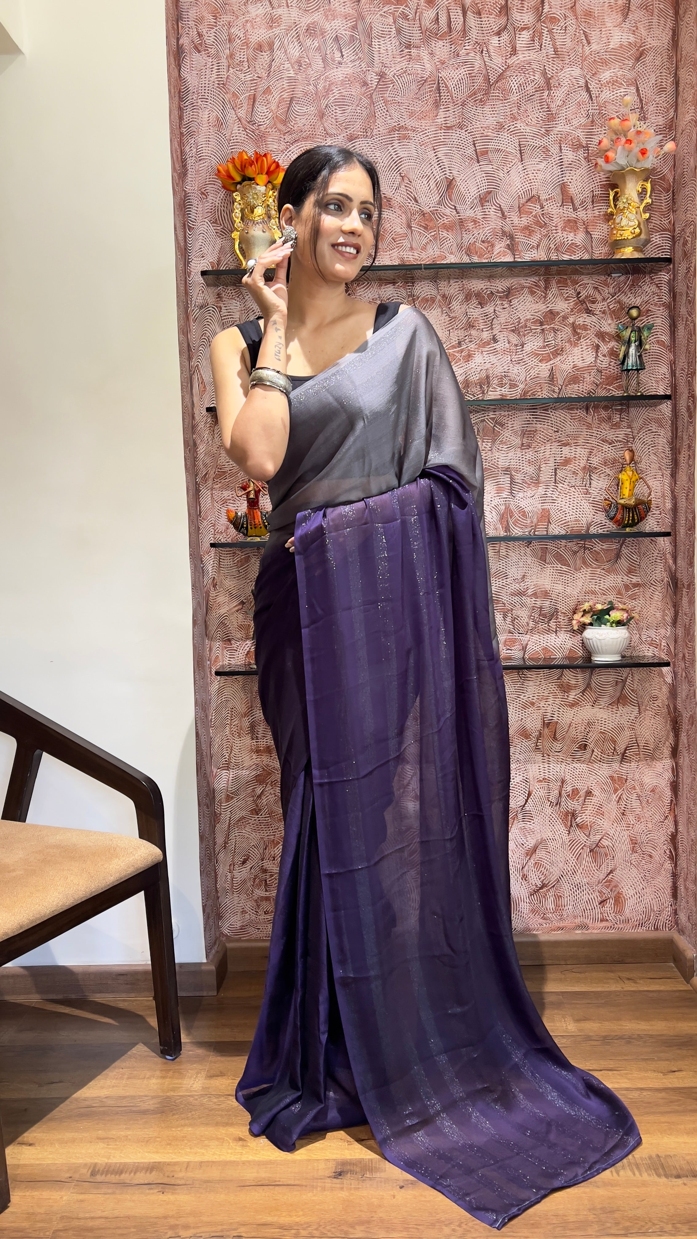 One Minute Ready To Wear New Premium Quality Magenta Splendor Nylone Rimzim saree