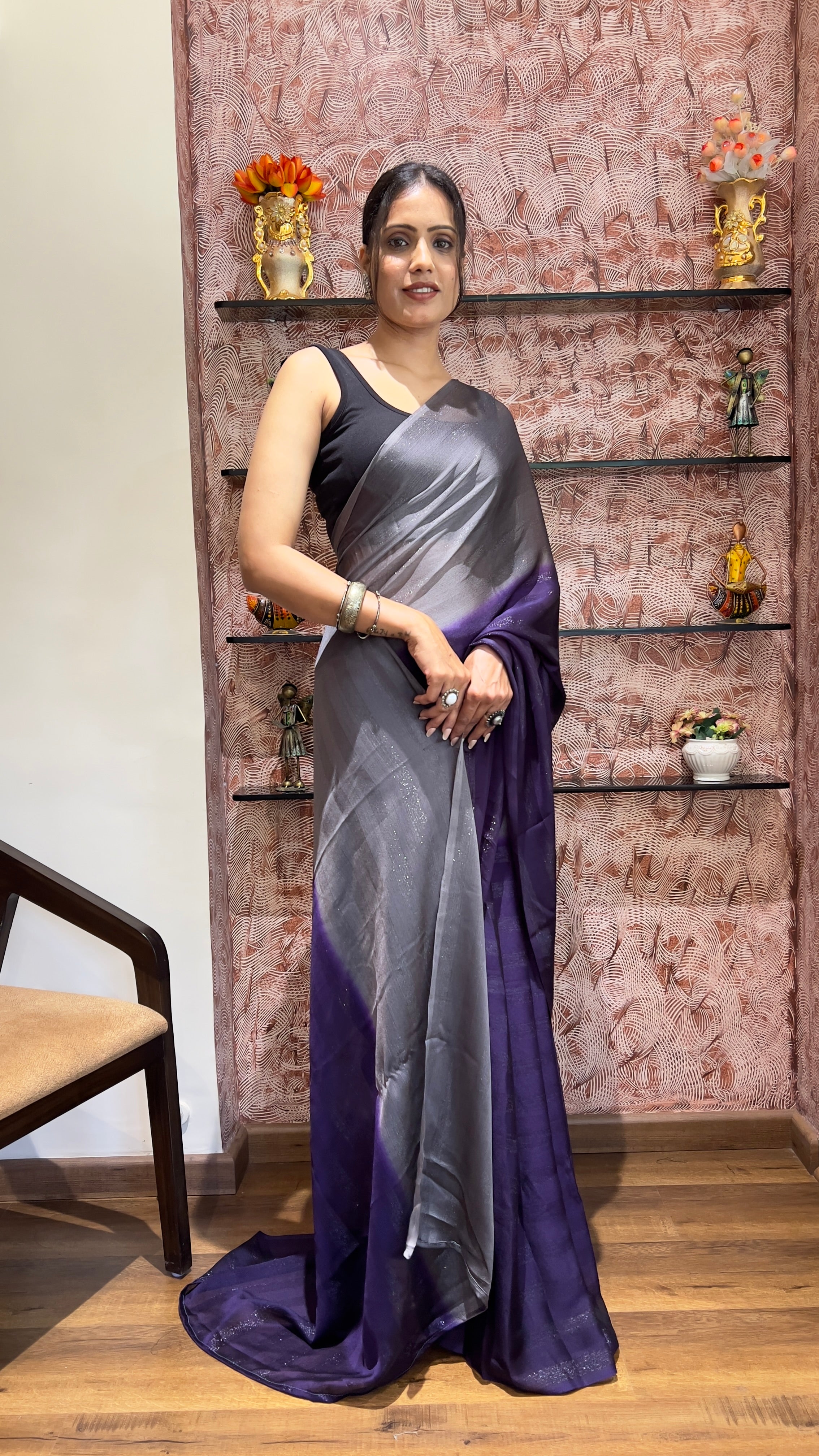 One Minute Ready To Wear New Premium Quality Magenta Splendor Nylone Rimzim saree