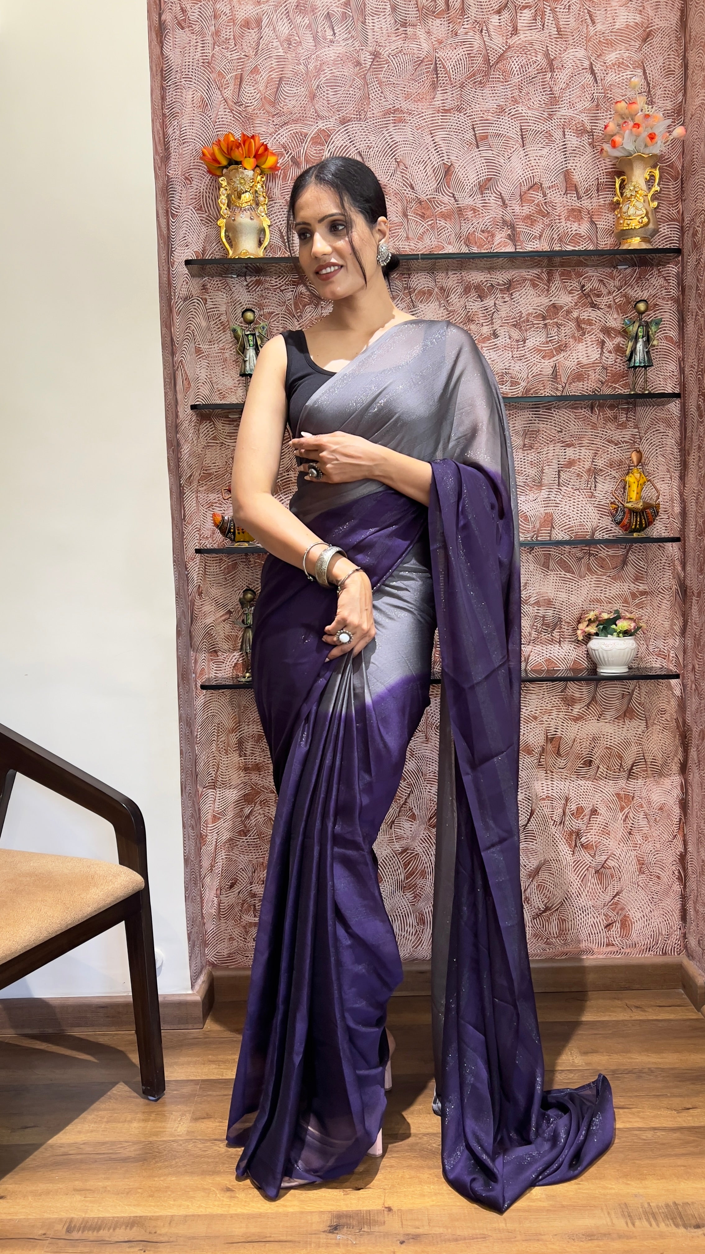 One Minute Ready To Wear New Premium Quality Magenta Splendor Nylone Rimzim saree