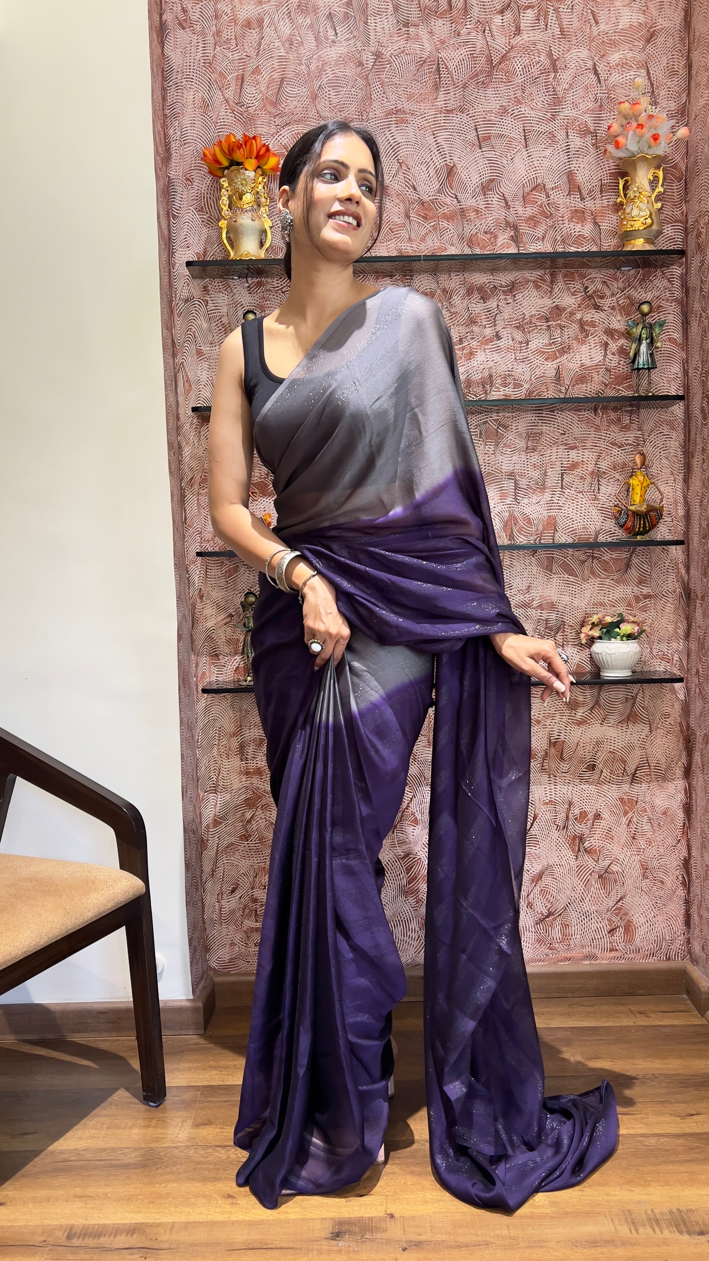 One Minute Ready To Wear New Premium Quality Magenta Splendor Nylone Rimzim saree