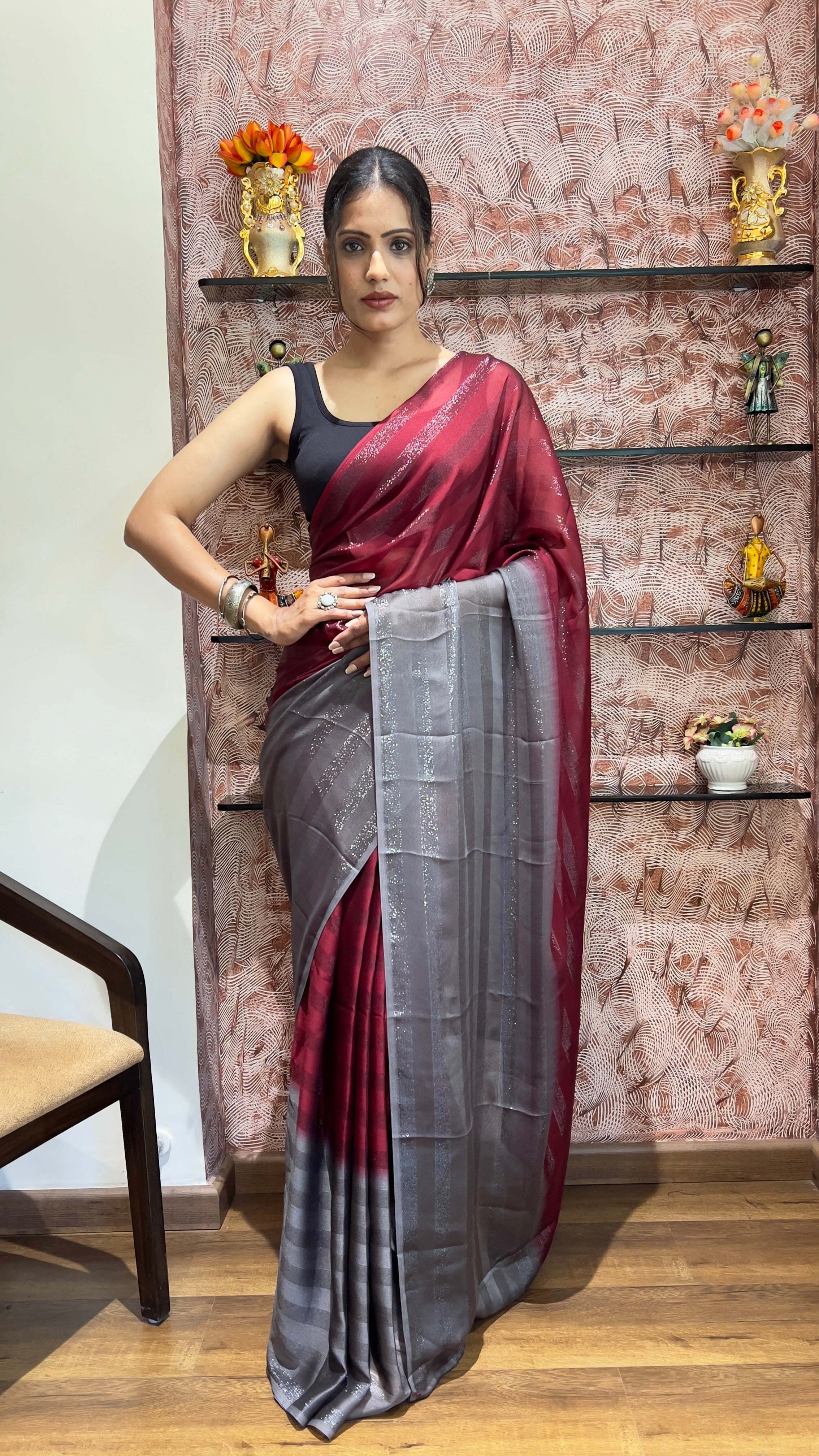 One Minute Ready To Wear New Premium Quality Garnet Beauty Nylone Rimzim saree